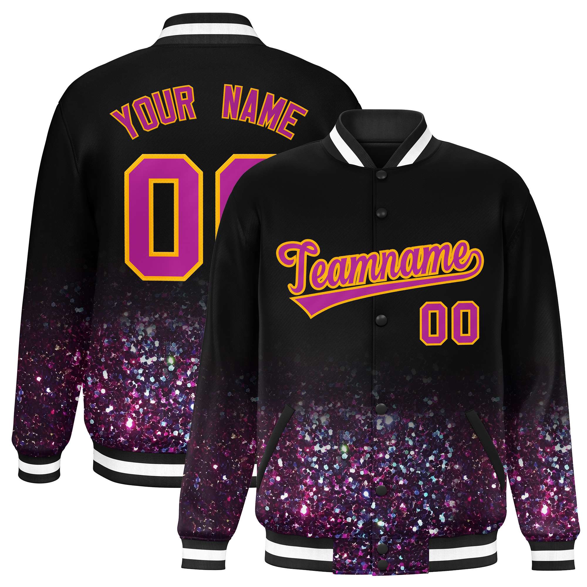 Custom Black Varsity Full-Snap Sequins Pattern Letterman Baseball Jacket