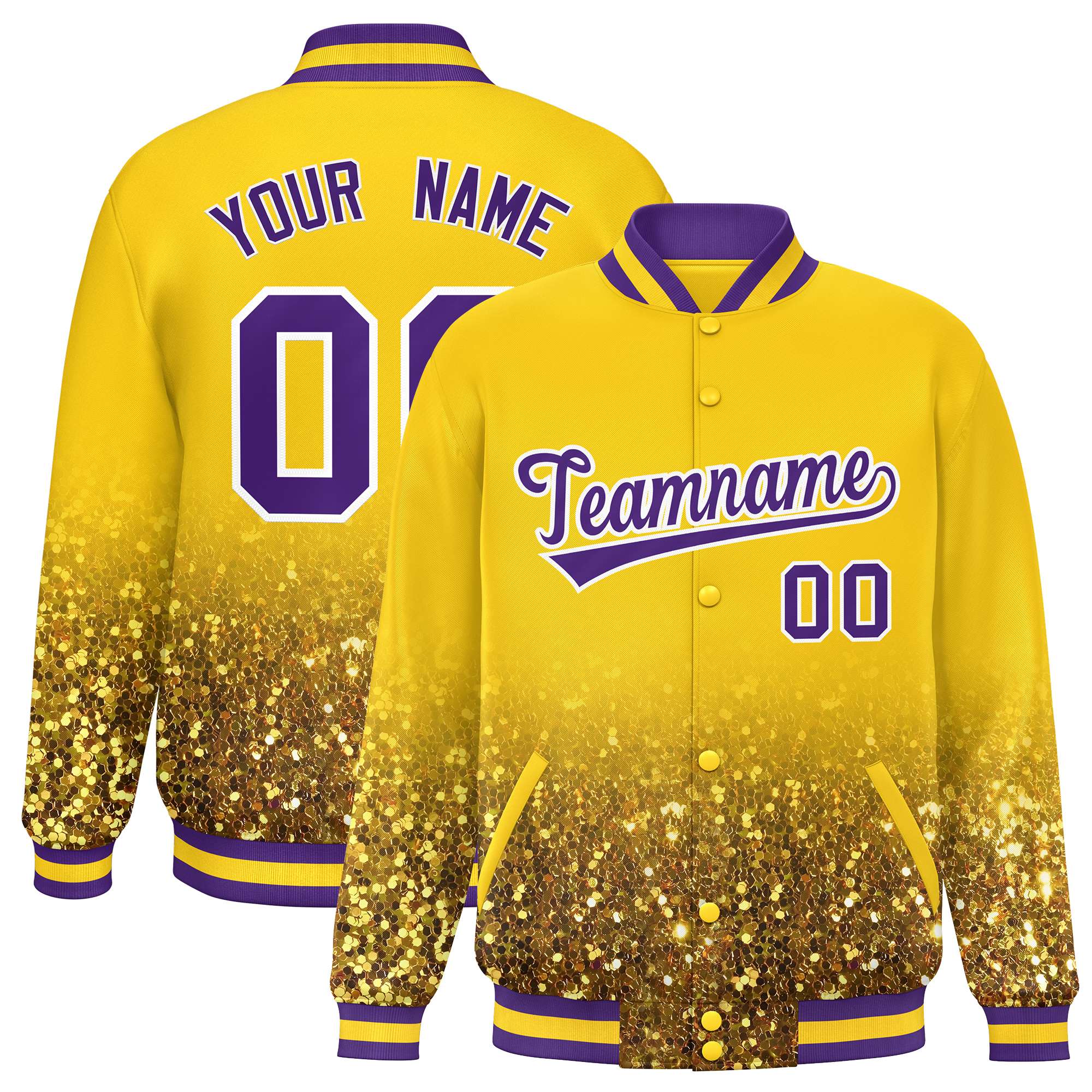 Custom Gold Varsity Full-Snap Sequins Pattern Letterman Baseball Jacket