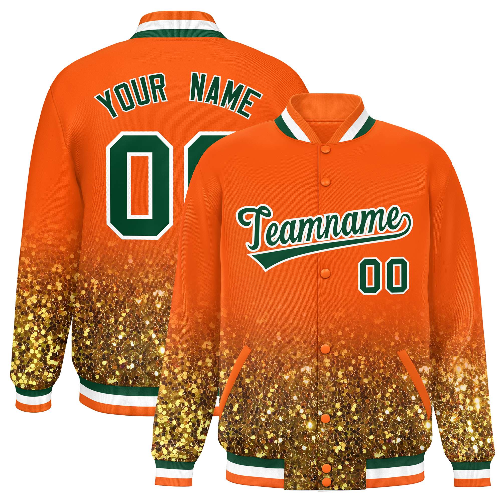 Custom Orange Varsity Full-Snap Sequins Pattern Letterman Baseball Jacket