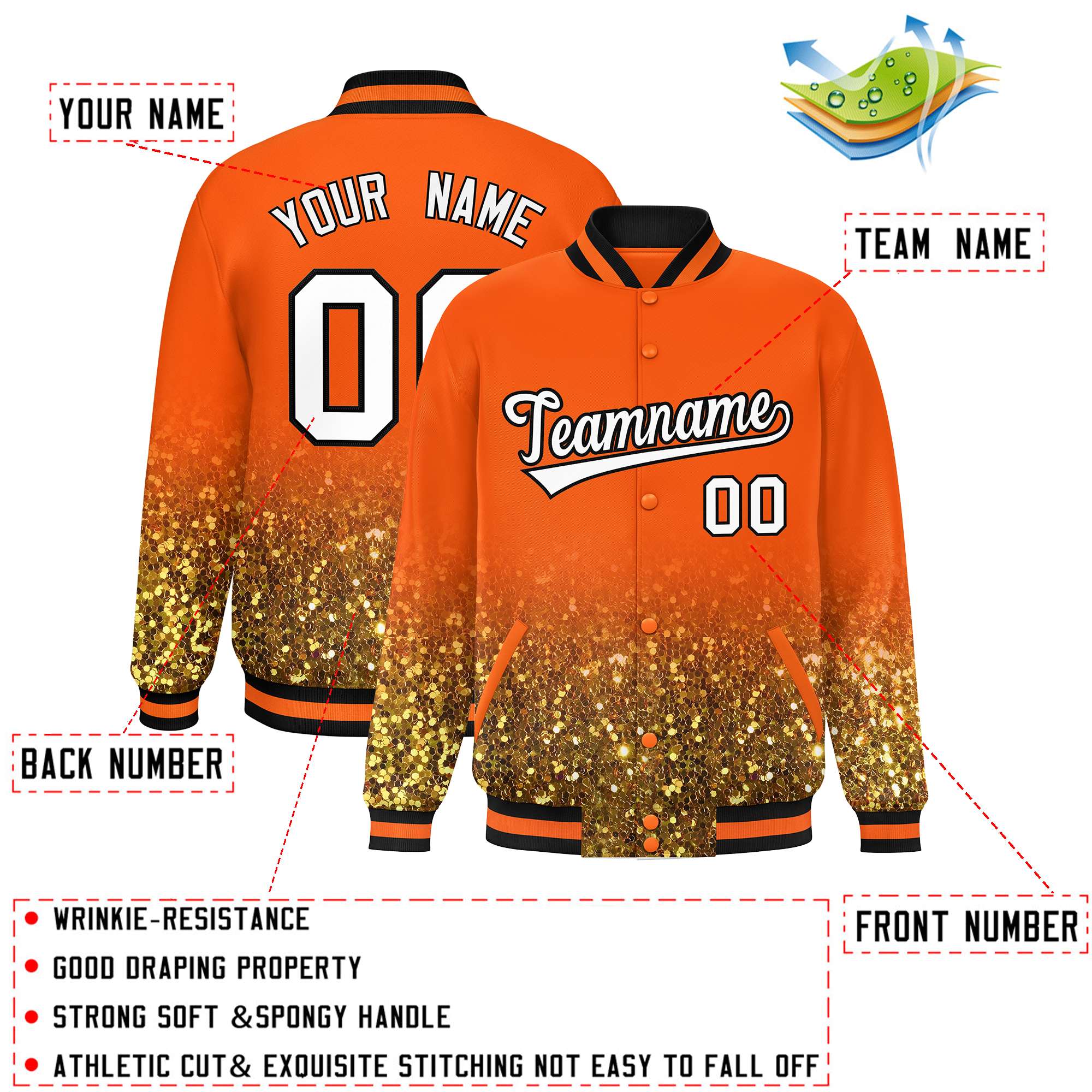 Custom Orange Varsity Full-Snap Sequins Pattern Letterman Baseball Jacket