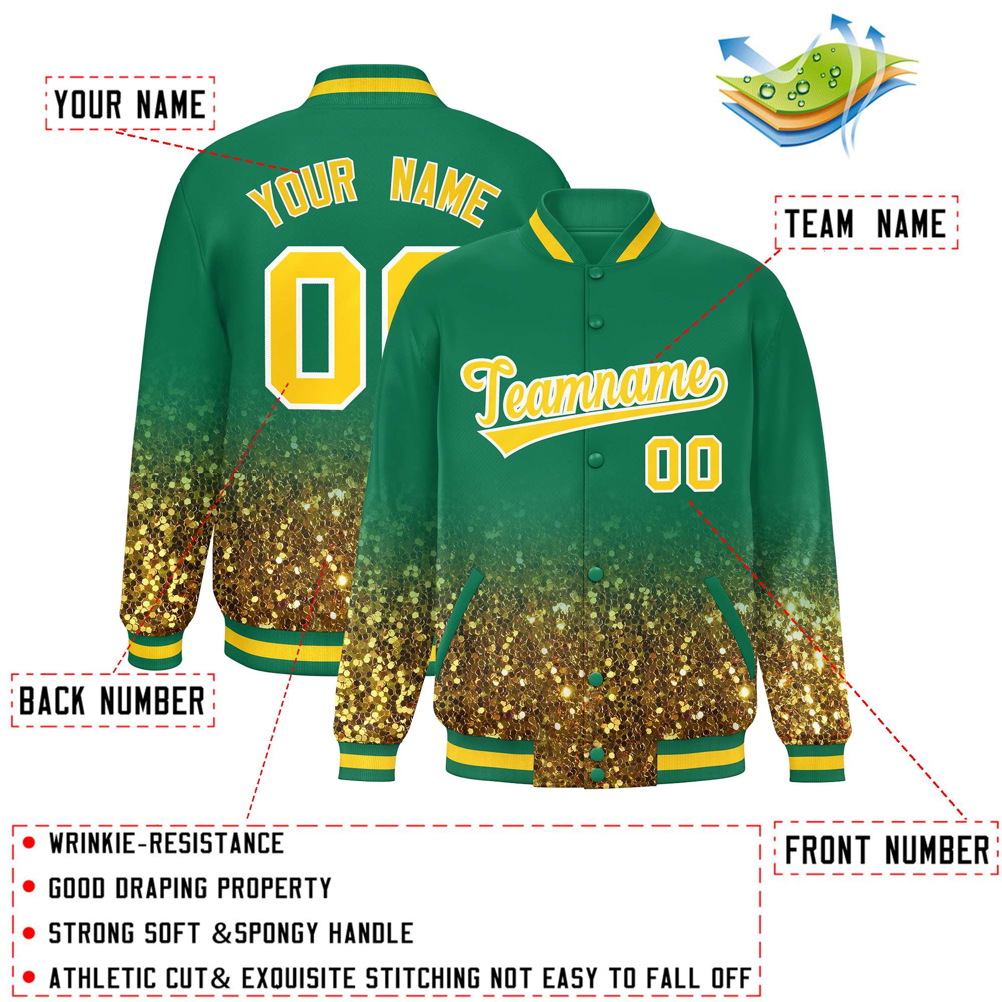 Custom Teal Varsity Full-Snap Sequins Pattern Letterman Baseball Jacket