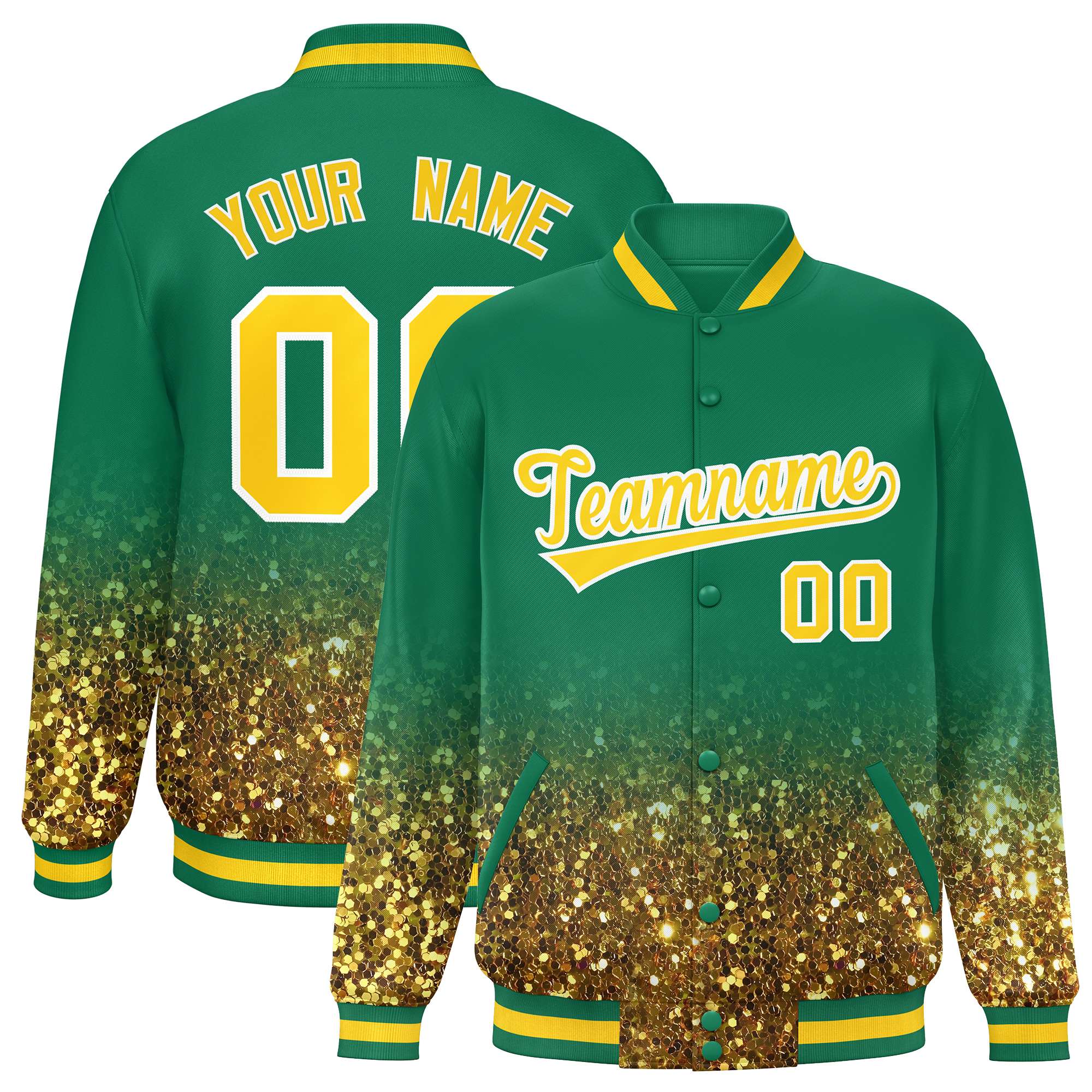 Custom Teal Varsity Full-Snap Sequins Pattern Letterman Baseball Jacket