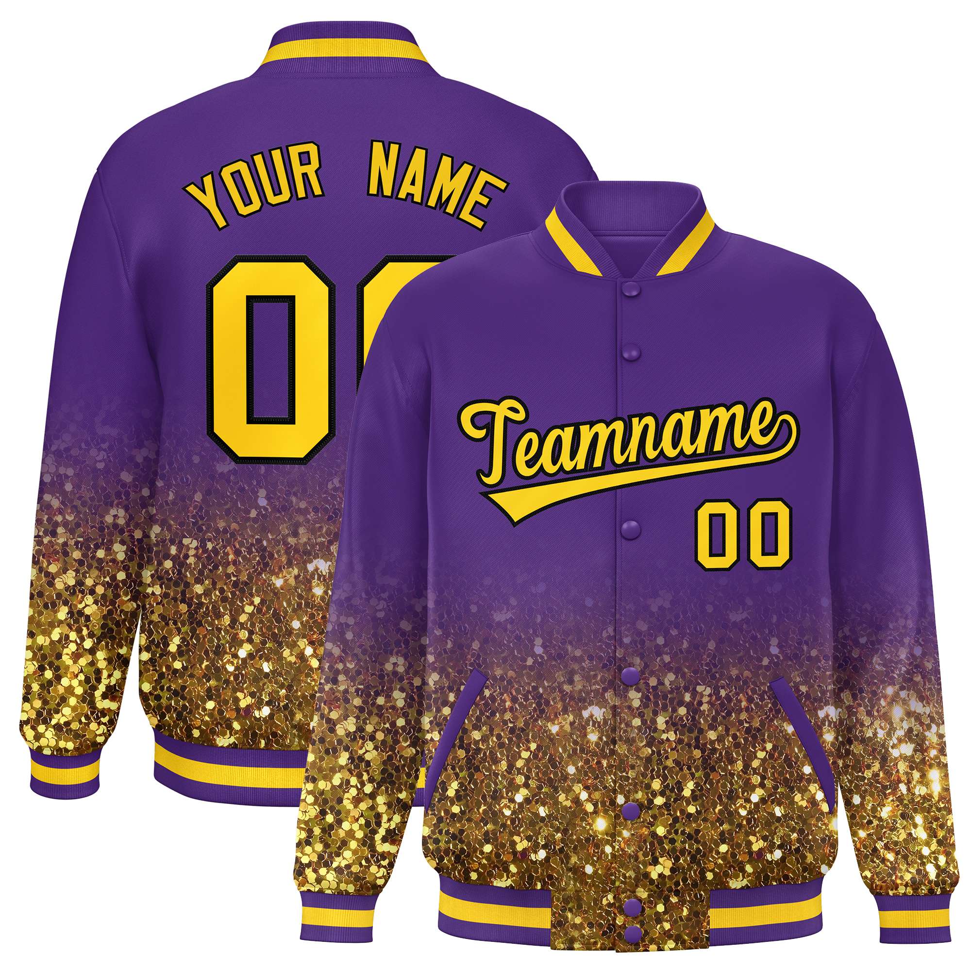 Custom Purple Varsity Full-Snap Sequins Pattern Letterman Baseball Jacket