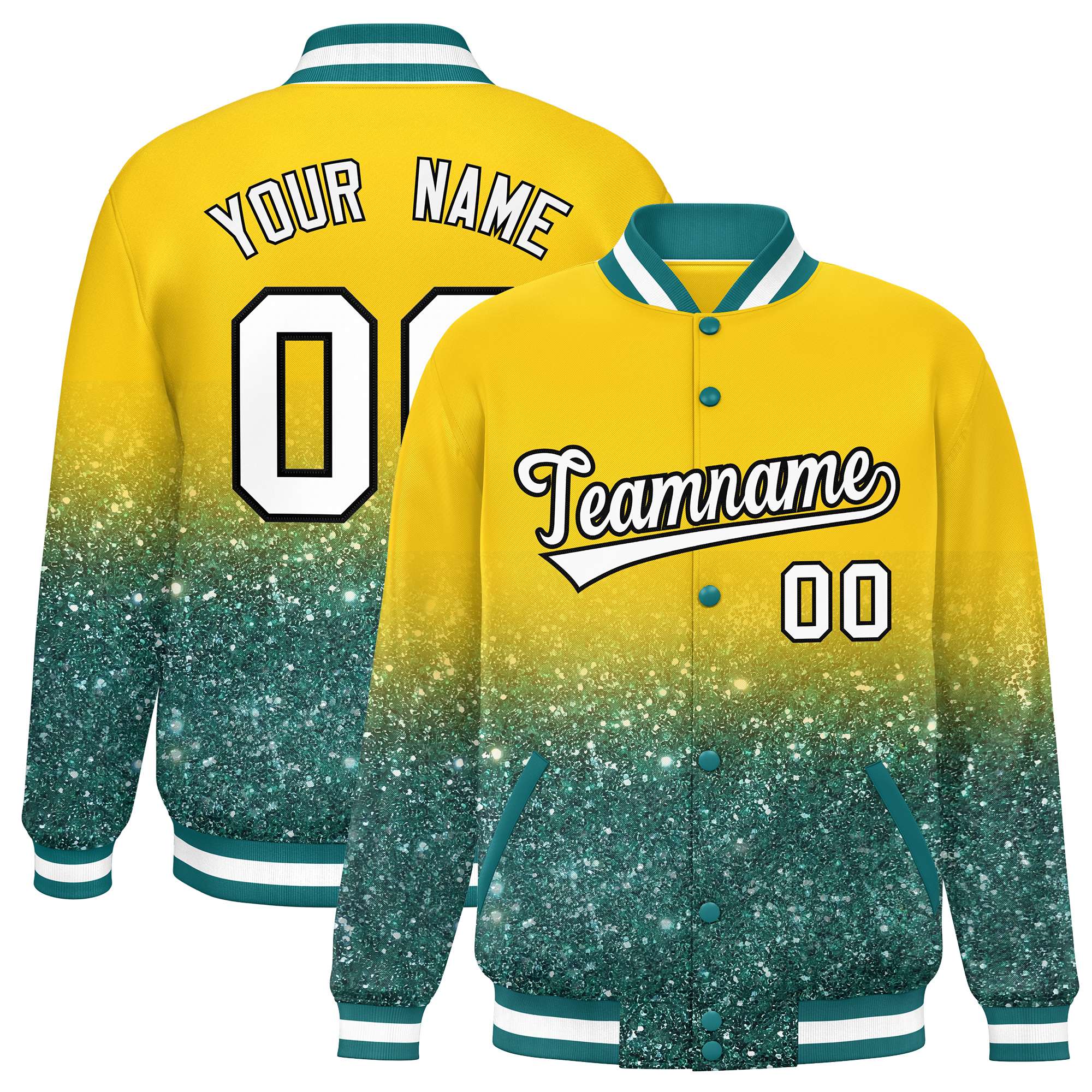 Custom Gold Varsity Full-Snap Sequins Pattern Letterman Baseball Jacket