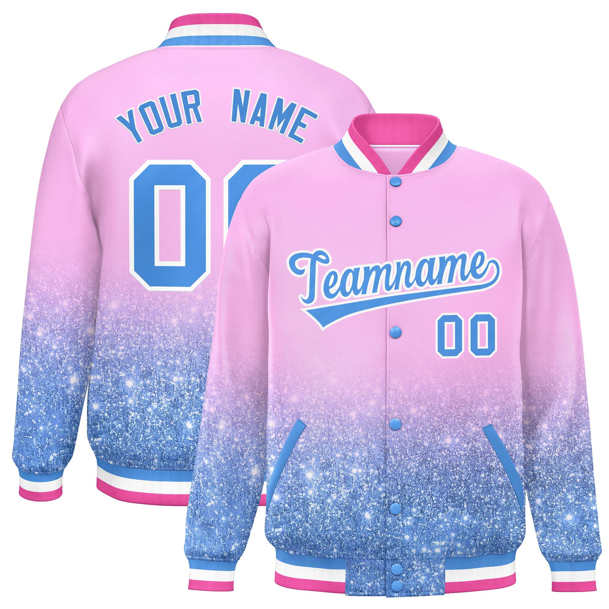 Custom Light Pink Varsity Full-Snap Sequins Pattern Letterman Baseball Jacket