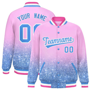 Custom Light Pink Varsity Full-Snap Sequins Pattern Letterman Baseball Jacket