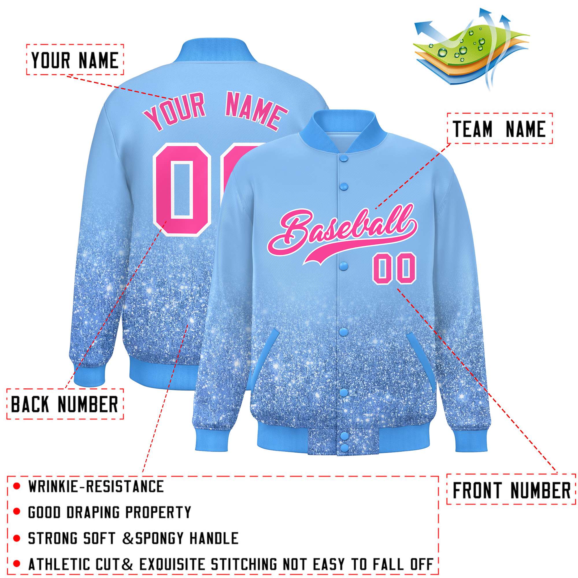 Custom Light Blue Varsity Full-Snap Sequins Pattern Letterman Baseball Jacket