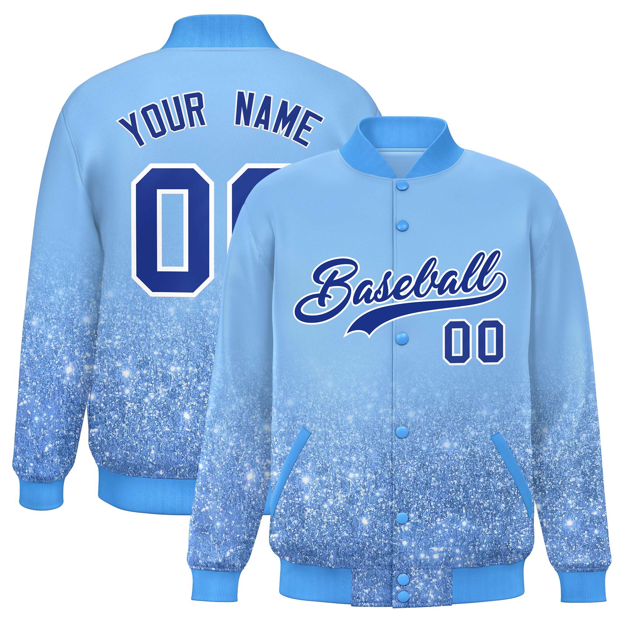 Custom Light Blue Varsity Full-Snap Sequins Pattern Letterman Baseball Jacket