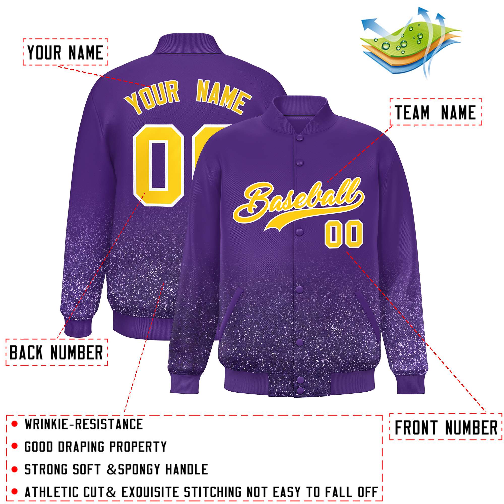 Custom Purple Varsity Full-Snap Sequins Pattern Letterman Baseball Jacket