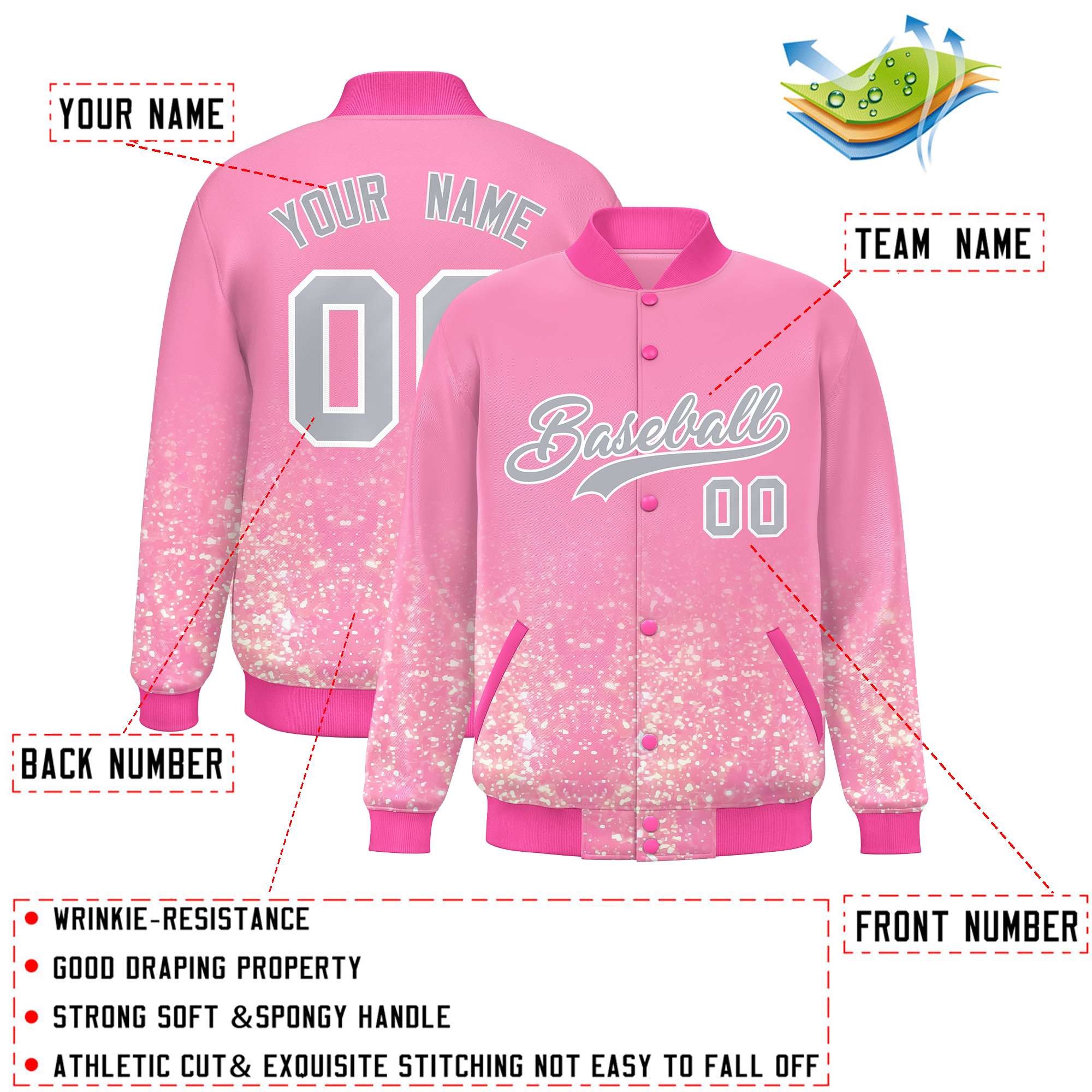 Custom Light Pink Varsity Full-Snap Sequins Pattern Letterman Baseball Jacket