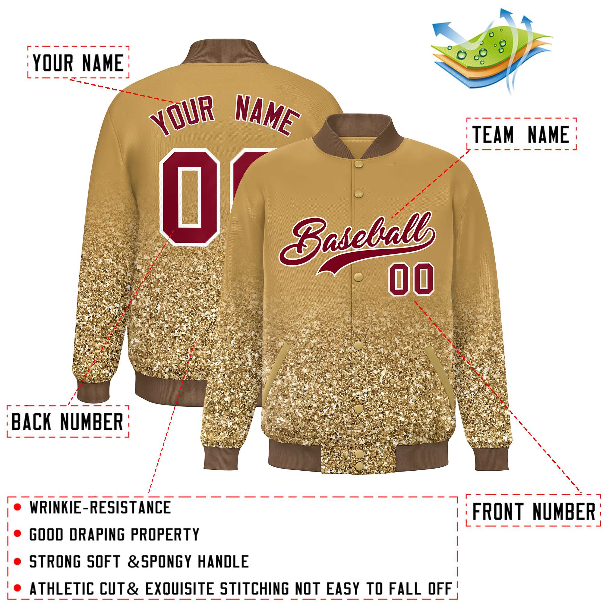 Custom Old Gold Varsity Full-Snap Sequins Pattern Letterman Baseball Jacket