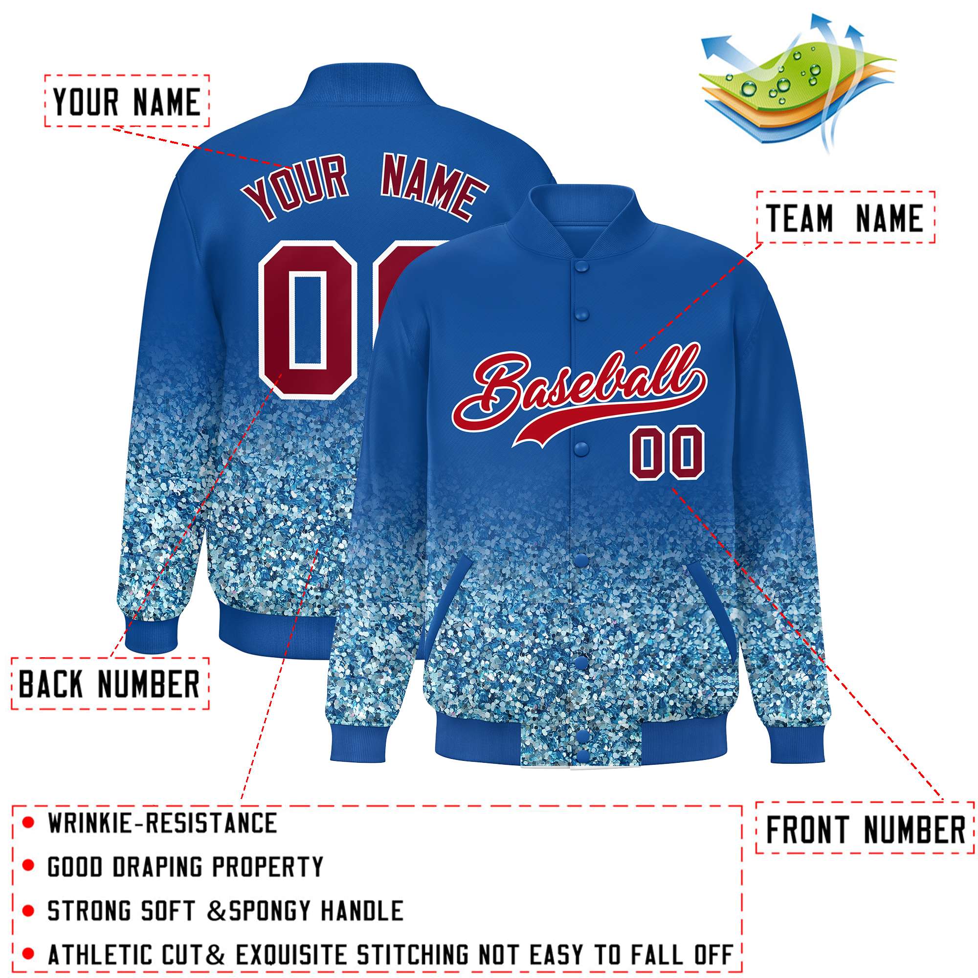 Custom Royal Varsity Full-Snap Sequins Pattern Letterman Baseball Jacket