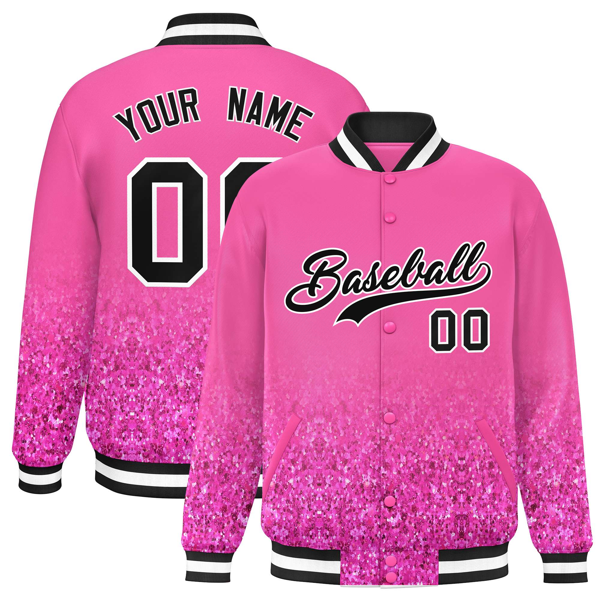 Custom Pink Varsity Full-Snap Sequins Pattern Letterman Baseball Jacket