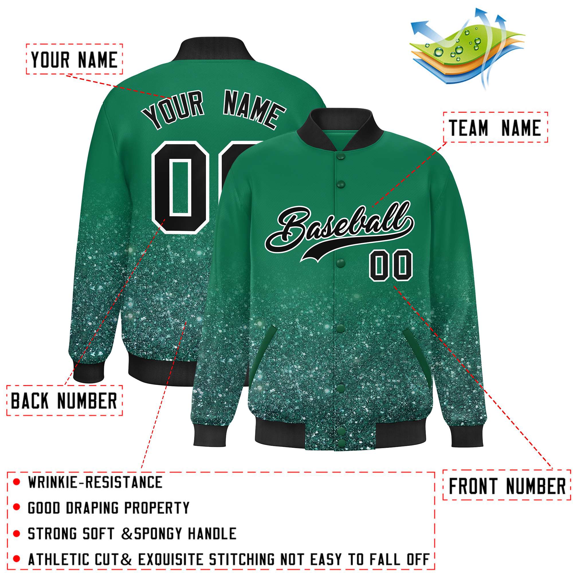 Custom Kelly Green Varsity Full-Snap Sequins Pattern Letterman Baseball Jacket