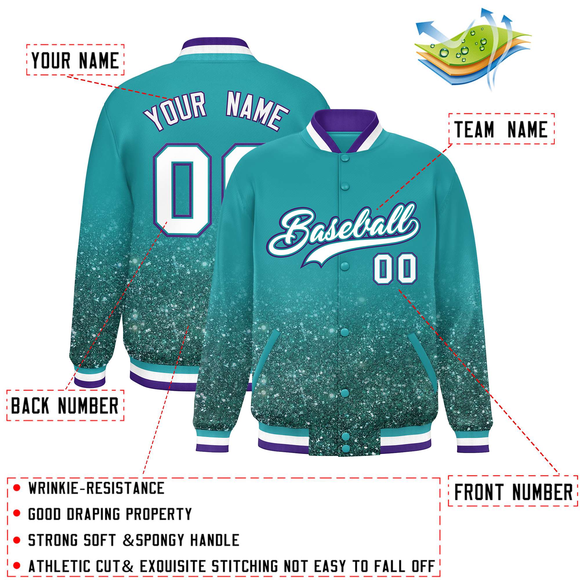 Custom Aqua Varsity Full-Snap Sequins Pattern Letterman Baseball Jacket