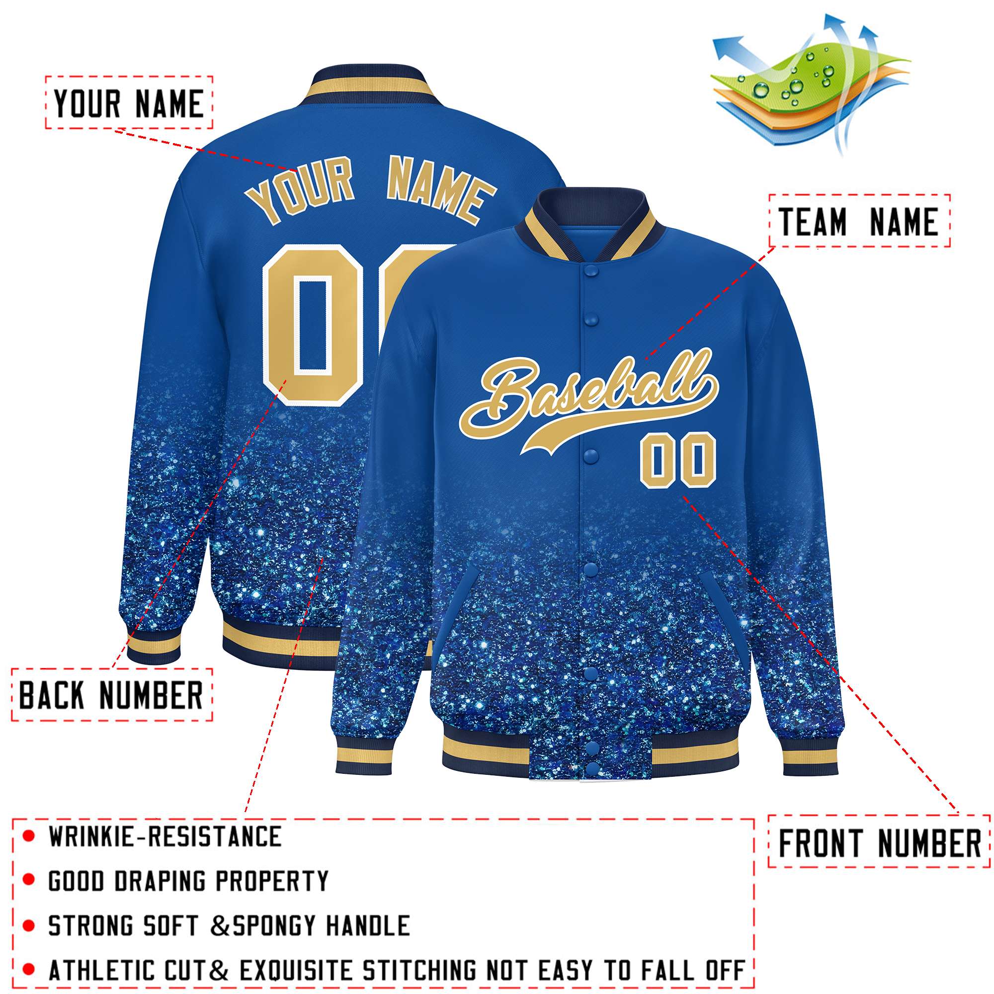 Custom Royal Varsity Full-Snap Sequins Pattern Letterman Baseball Jacket