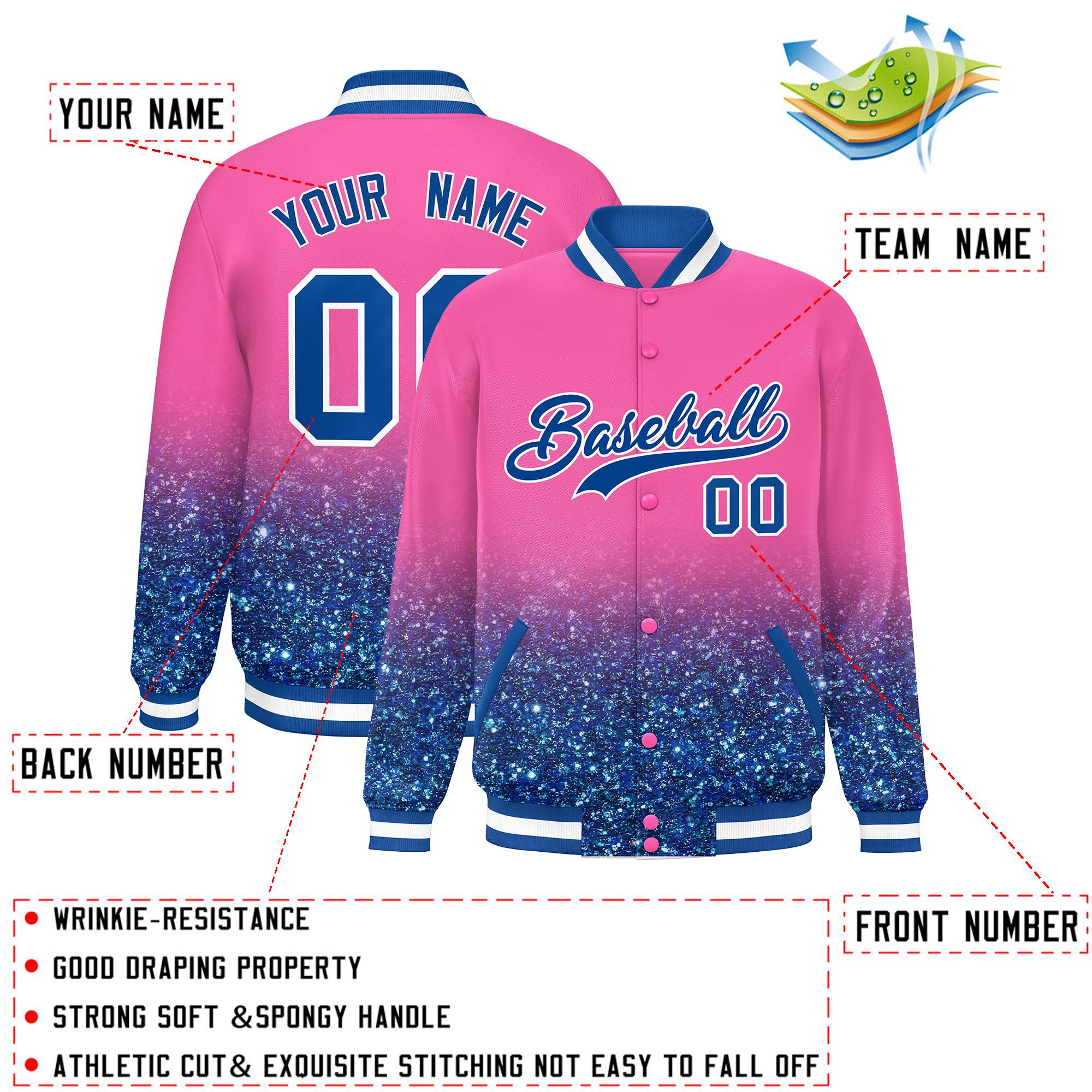 Custom Pink Varsity Full-Snap Sequins Pattern Letterman Baseball Jacket