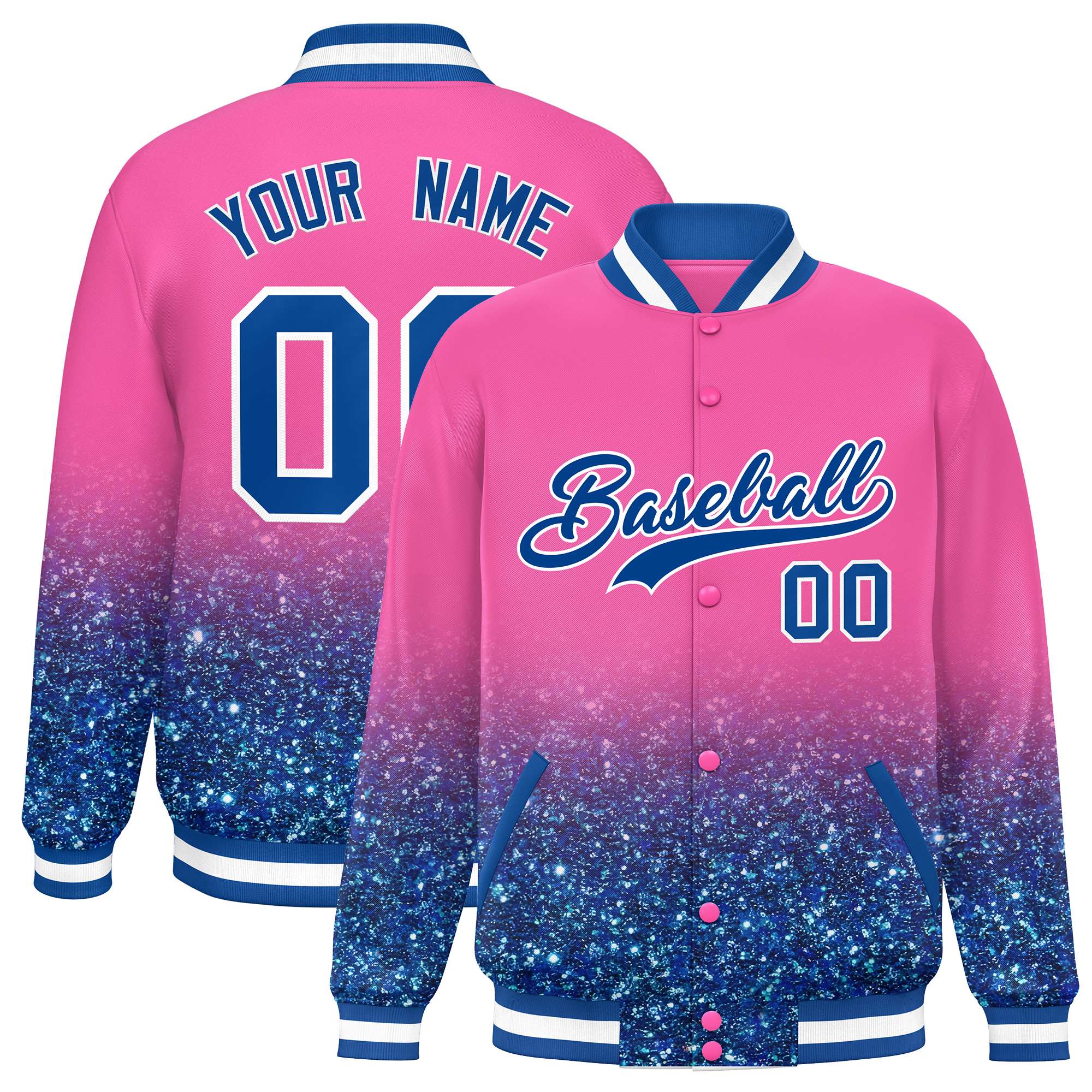 Custom Pink Varsity Full-Snap Sequins Pattern Letterman Baseball Jacket