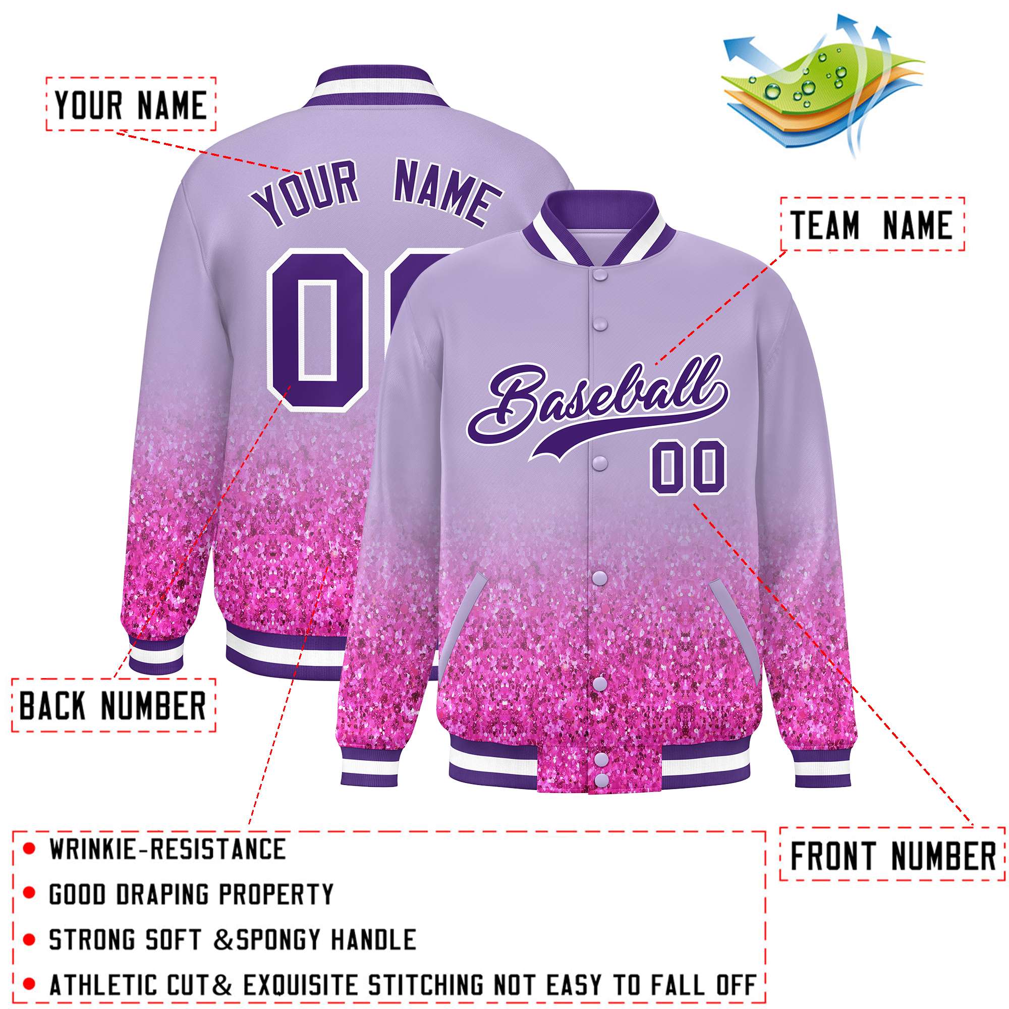 Custom Light Purple Varsity Full-Snap Sequins Pattern Letterman Baseball Jacket