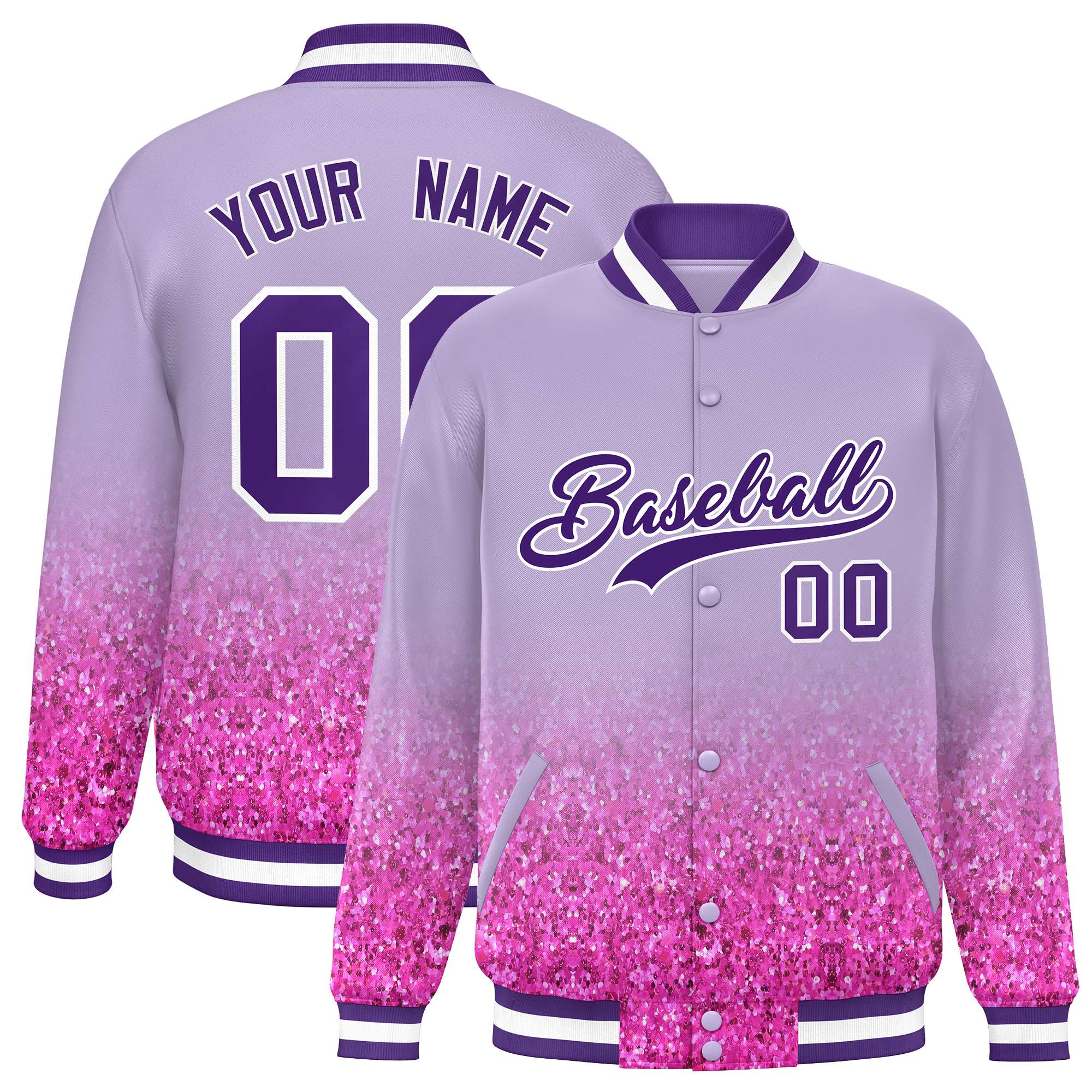 Custom Light Purple Varsity Full-Snap Sequins Pattern Letterman Baseball Jacket