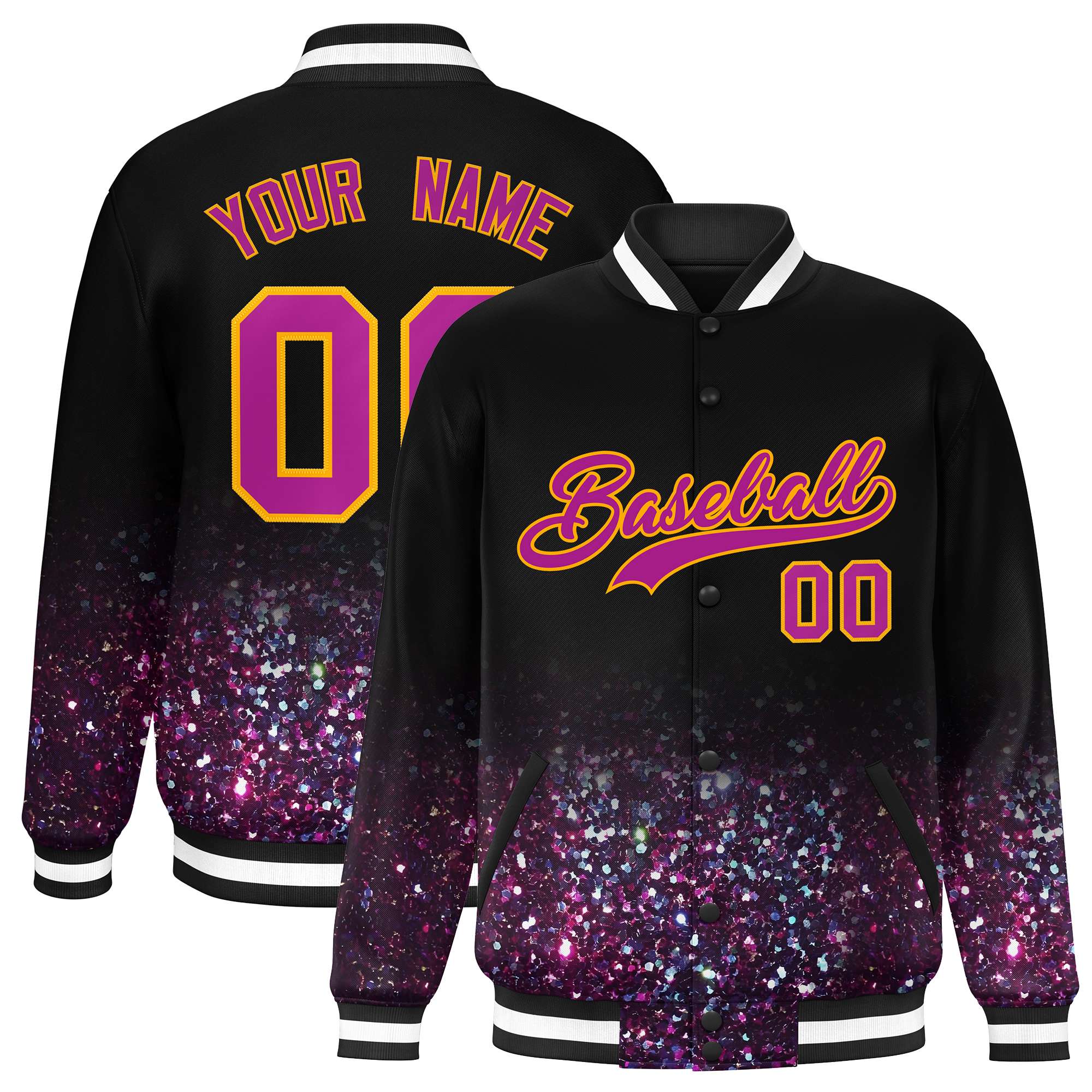 Custom Black Varsity Full-Snap Sequins Pattern Letterman Baseball Jacket