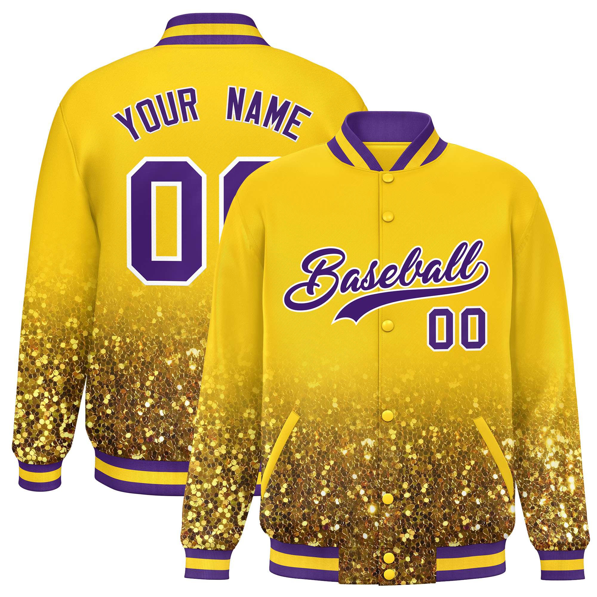 Custom Gold Varsity Full-Snap Sequins Pattern Letterman Baseball Jacket