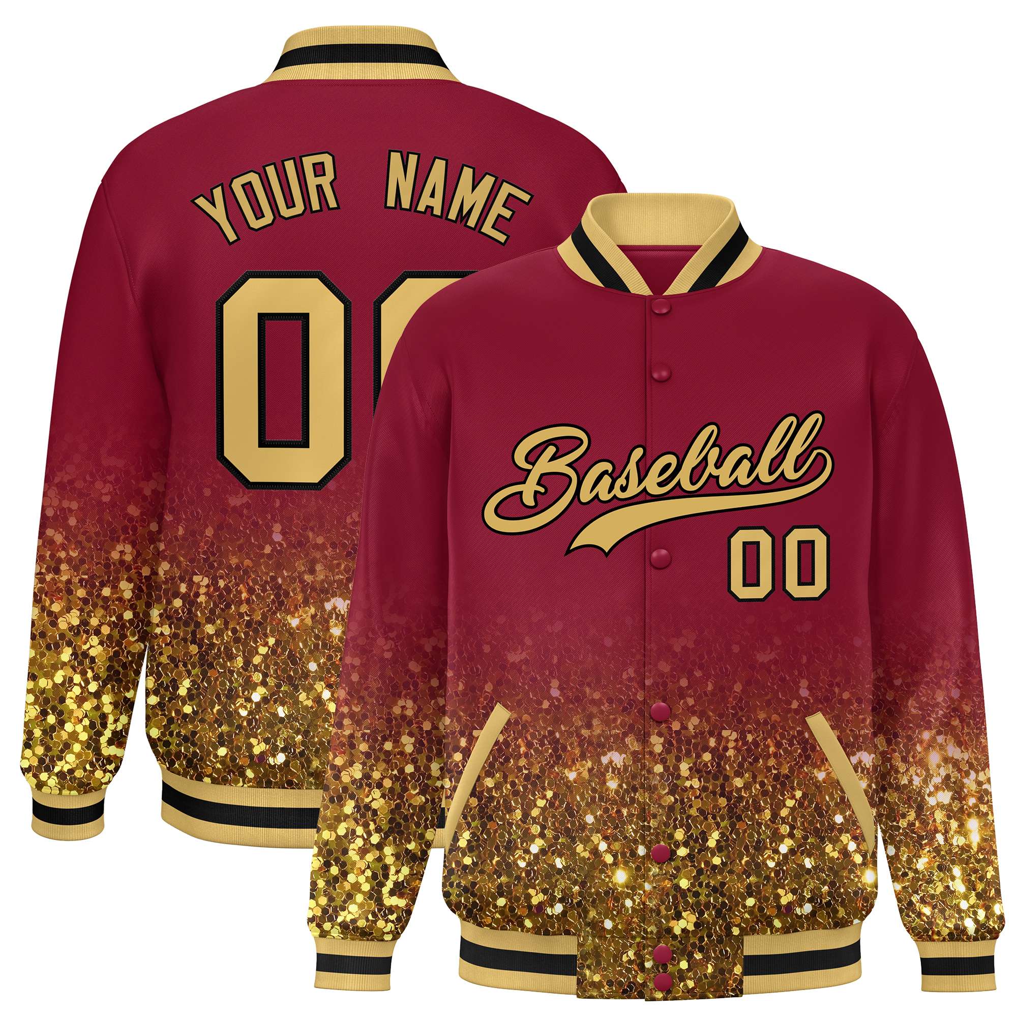 Custom Crimson Varsity Full-Snap Sequins Pattern Letterman Baseball Jacket