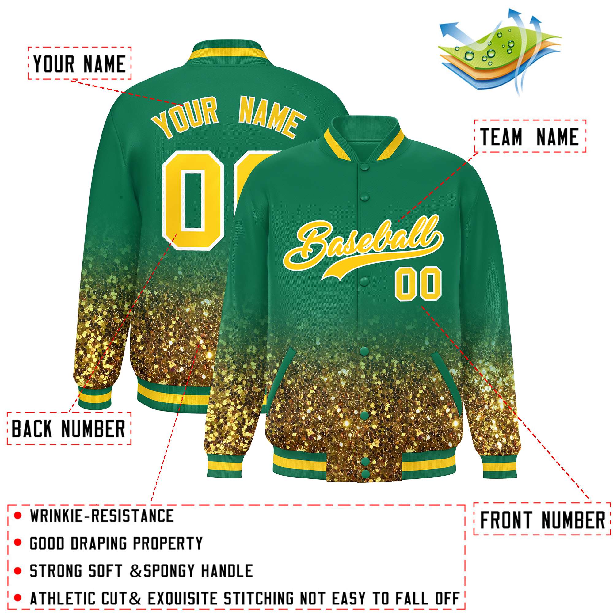 Custom Teal Varsity Full-Snap Sequins Pattern Letterman Baseball Jacket