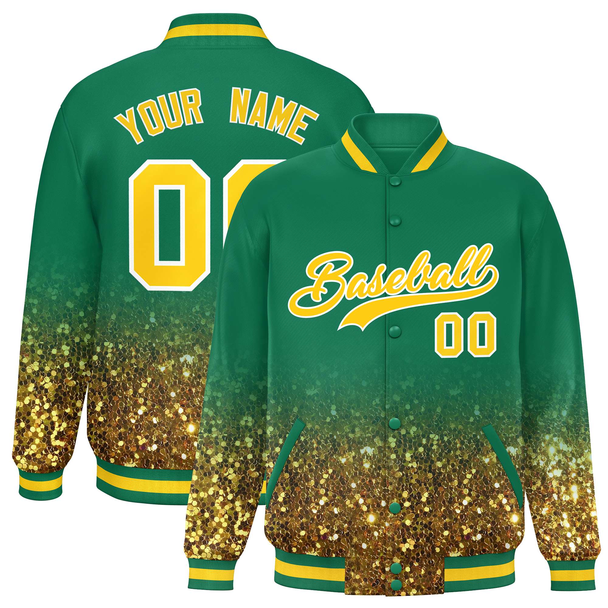 Custom Teal Varsity Full-Snap Sequins Pattern Letterman Baseball Jacket