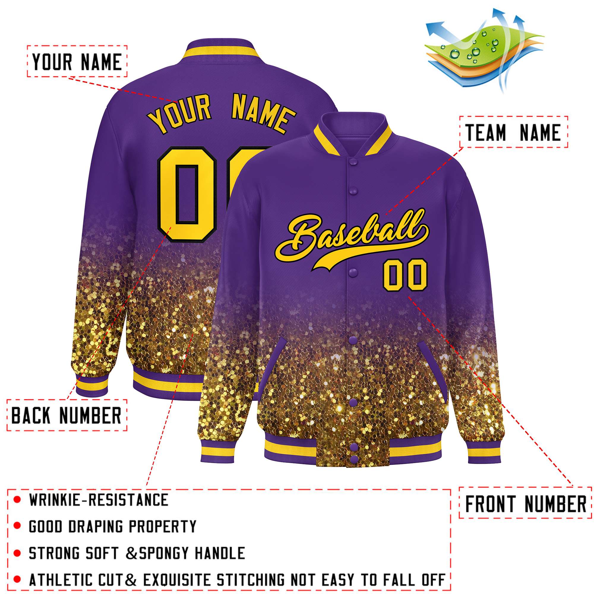 Custom Purple Varsity Full-Snap Sequins Pattern Letterman Baseball Jacket