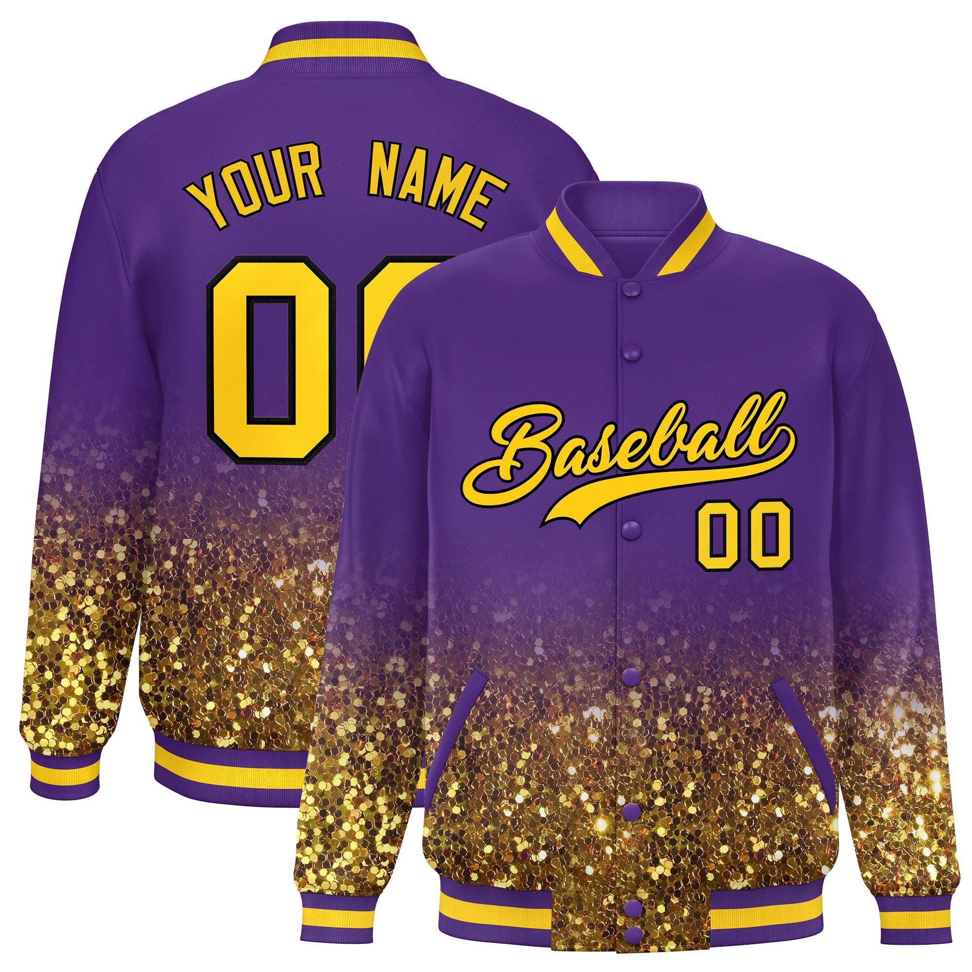 Custom Purple Varsity Full-Snap Sequins Pattern Letterman Baseball Jacket