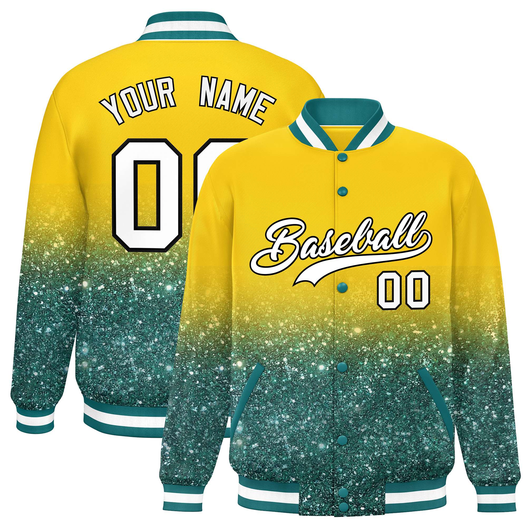 Custom Gold Varsity Full-Snap Sequins Pattern Letterman Baseball Jacket