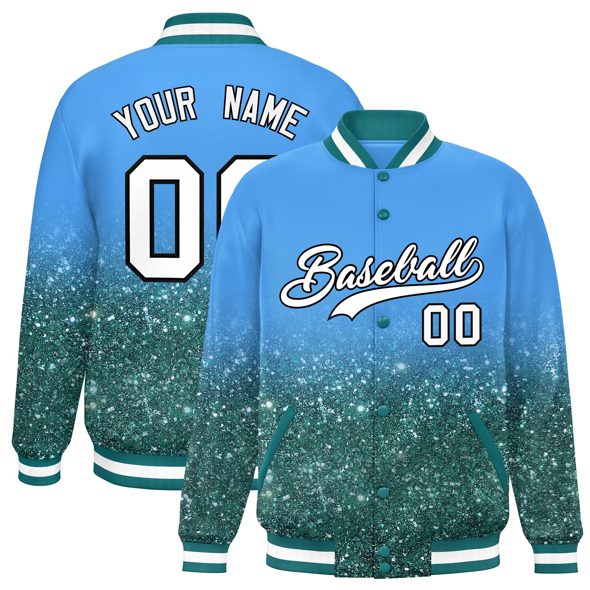 Custom Powder Blue Varsity Full-Snap Sequins Pattern Letterman Baseball Jacket