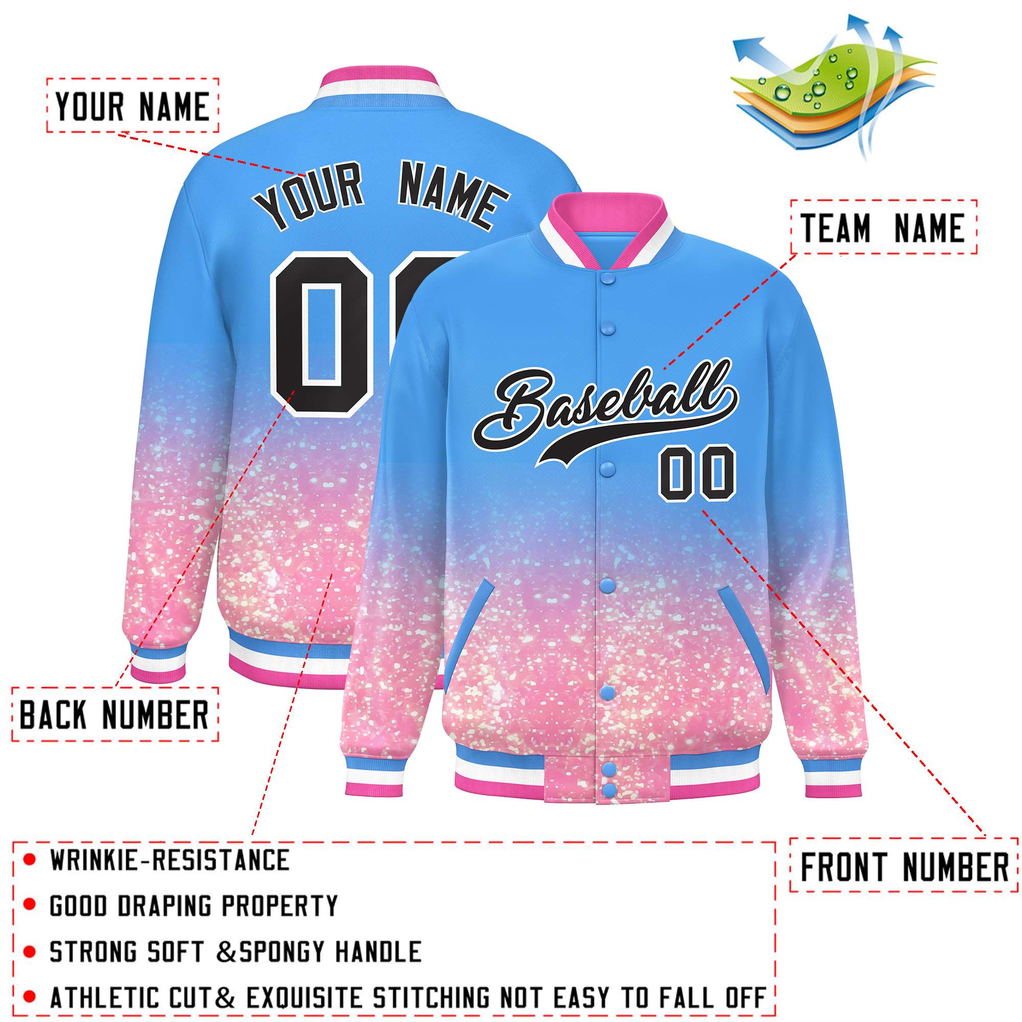 Custom Powder Blue Varsity Full-Snap Sequins Pattern Letterman Baseball Jacket