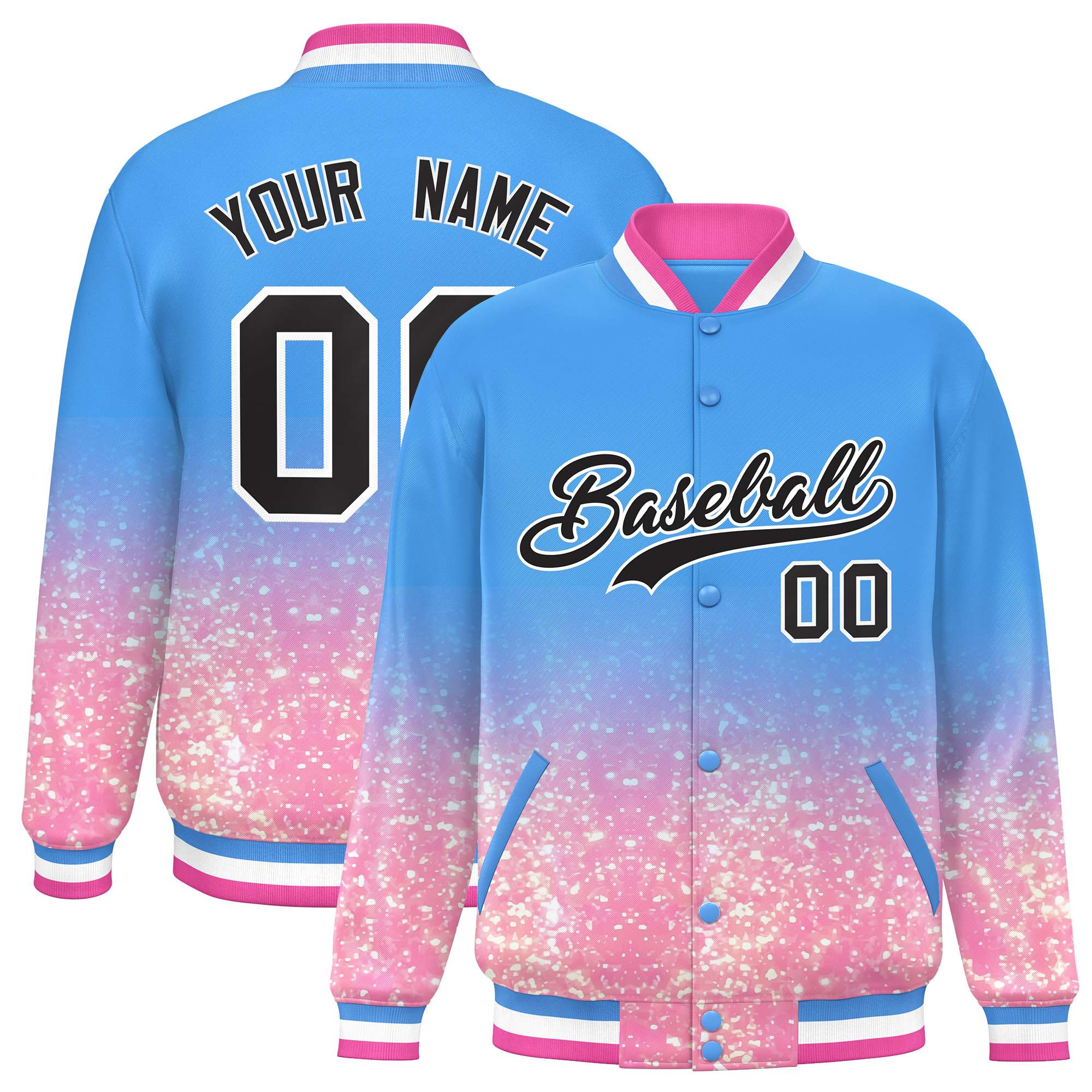 Custom Powder Blue Varsity Full-Snap Sequins Pattern Letterman Baseball Jacket