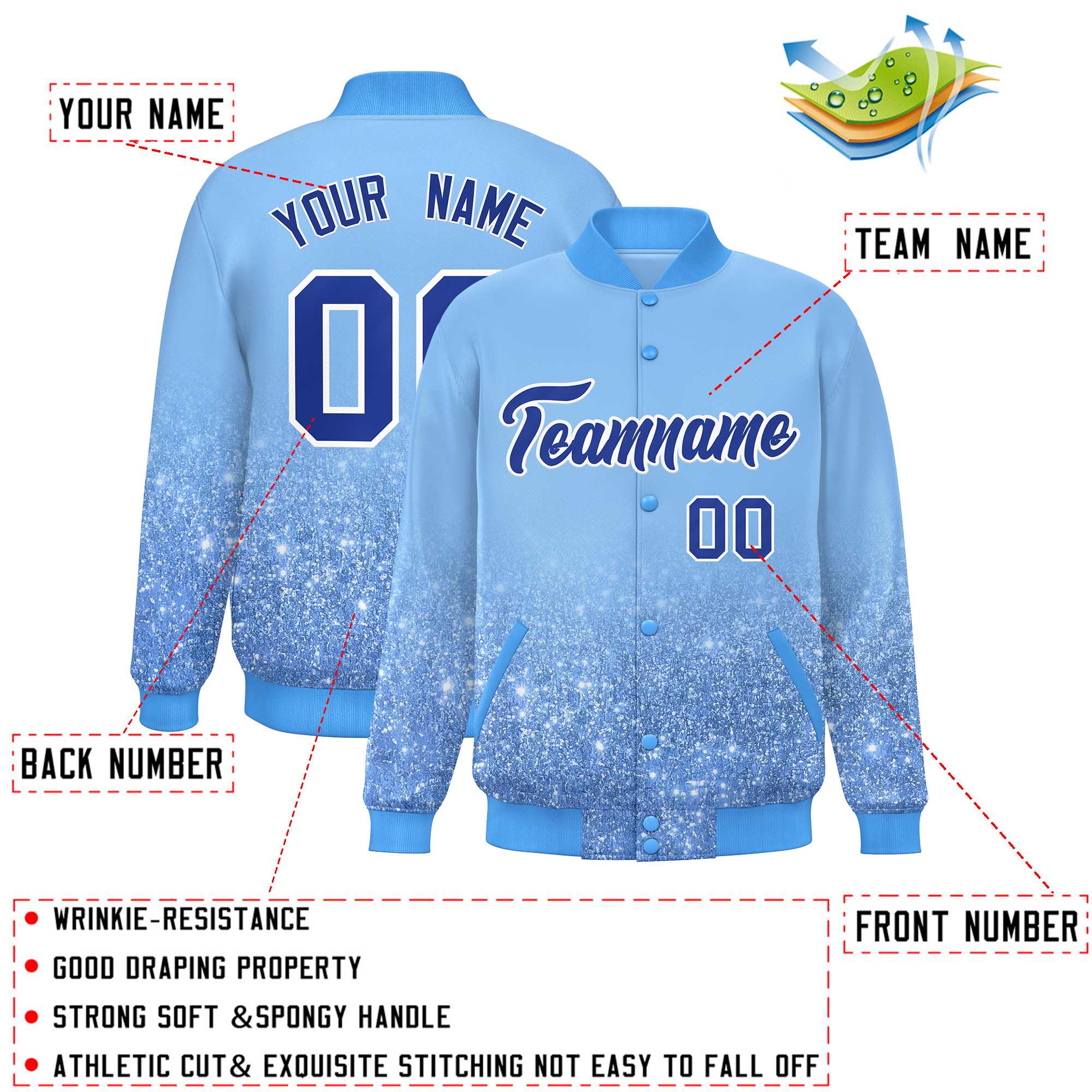 Custom Light Blue Varsity Full-Snap Sequins Pattern Letterman Baseball Jacket