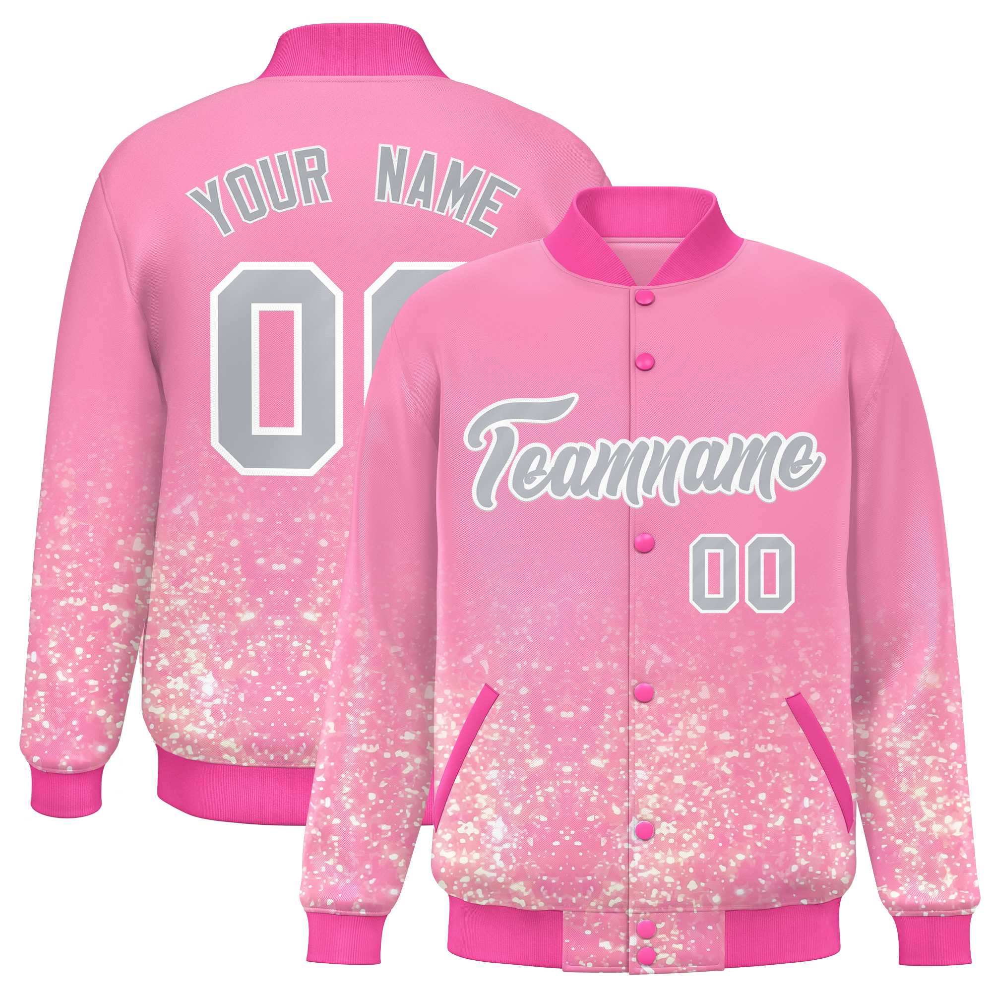 Custom Light Pink Varsity Full-Snap Sequins Pattern Letterman Baseball Jacket