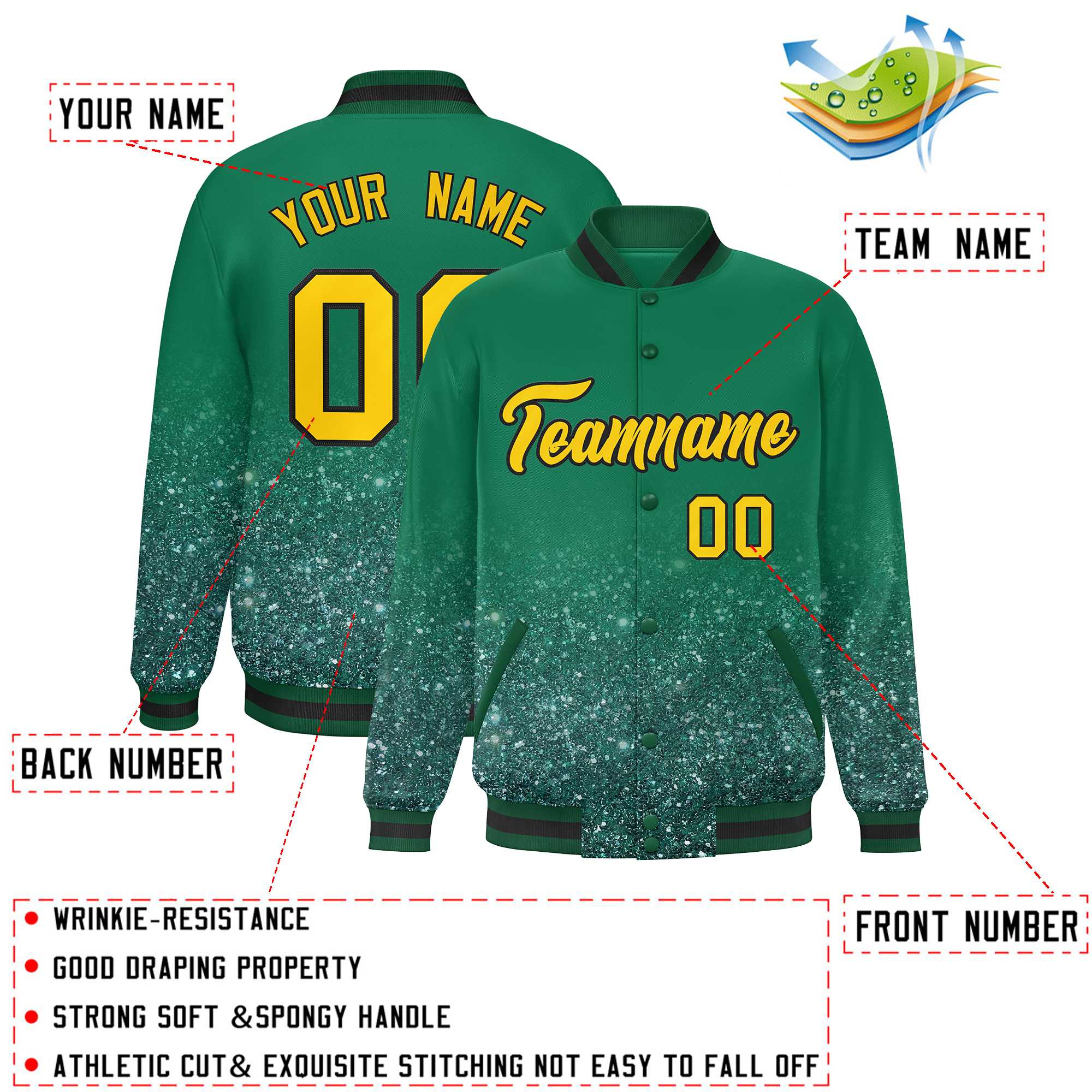 Custom Kelly Green Varsity Full-Snap Sequins Pattern Letterman Baseball Jacket