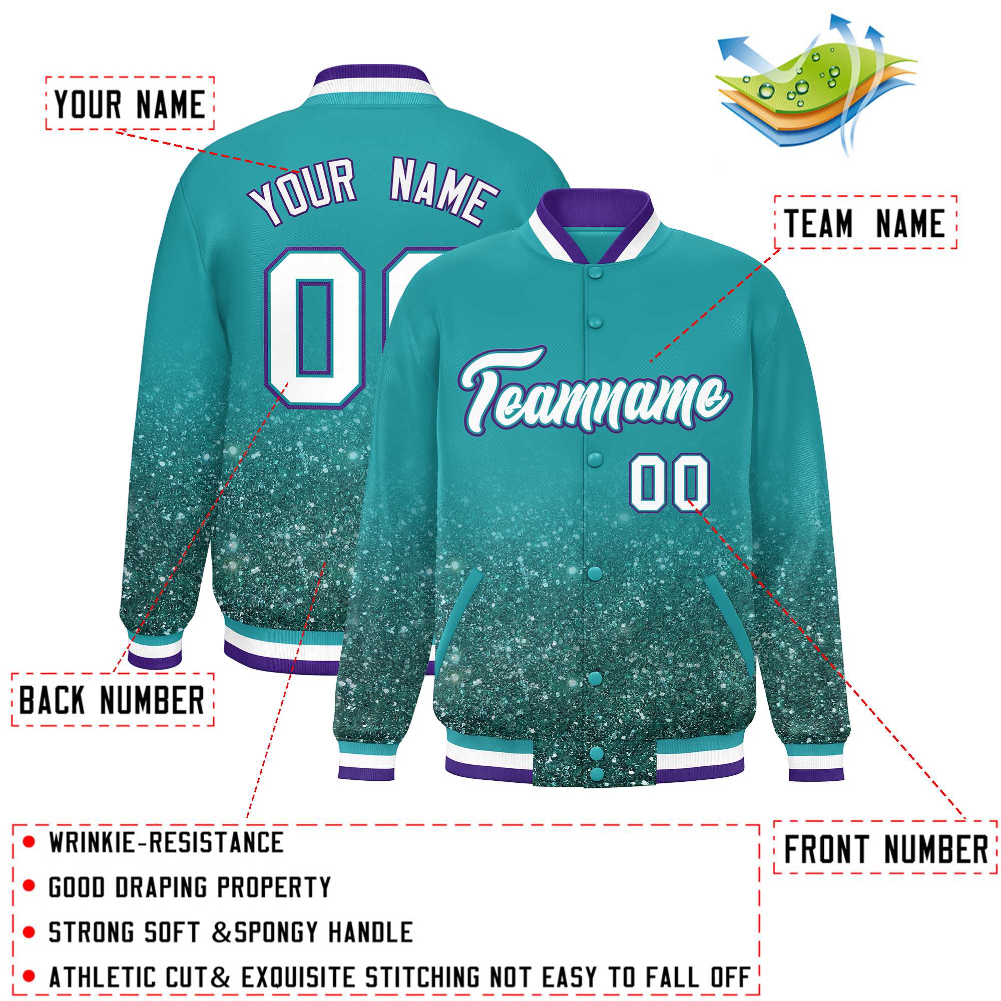 Custom Aqua Varsity Full-Snap Sequins Pattern Letterman Baseball Jacket