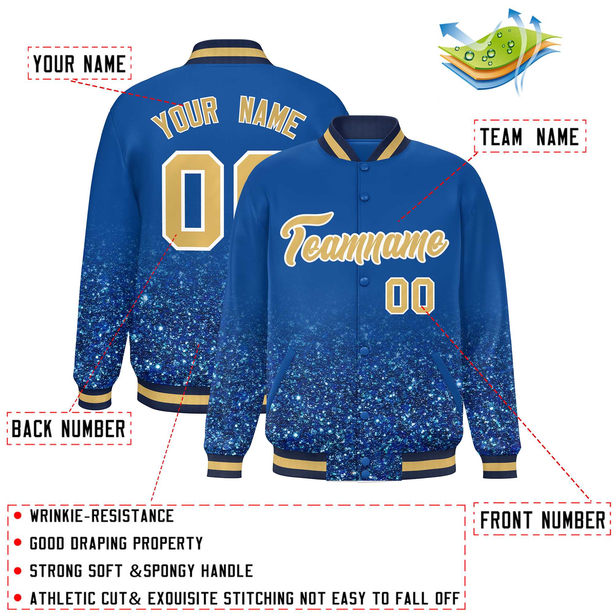 Custom Royal Varsity Full-Snap Sequins Pattern Letterman Baseball Jacket