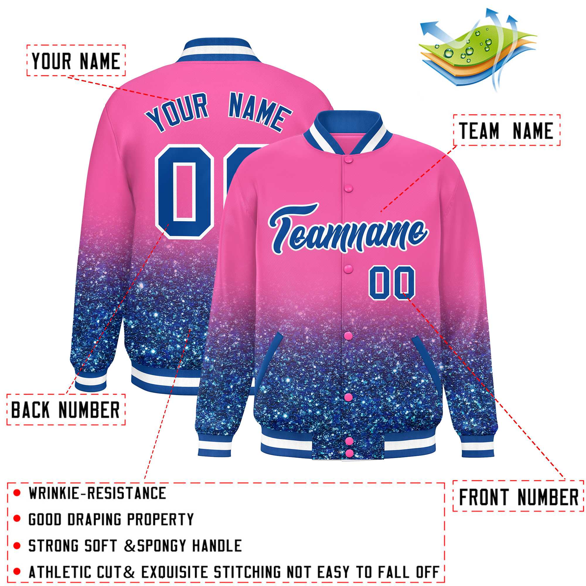 Custom Pink Varsity Full-Snap Sequins Pattern Letterman Baseball Jacket