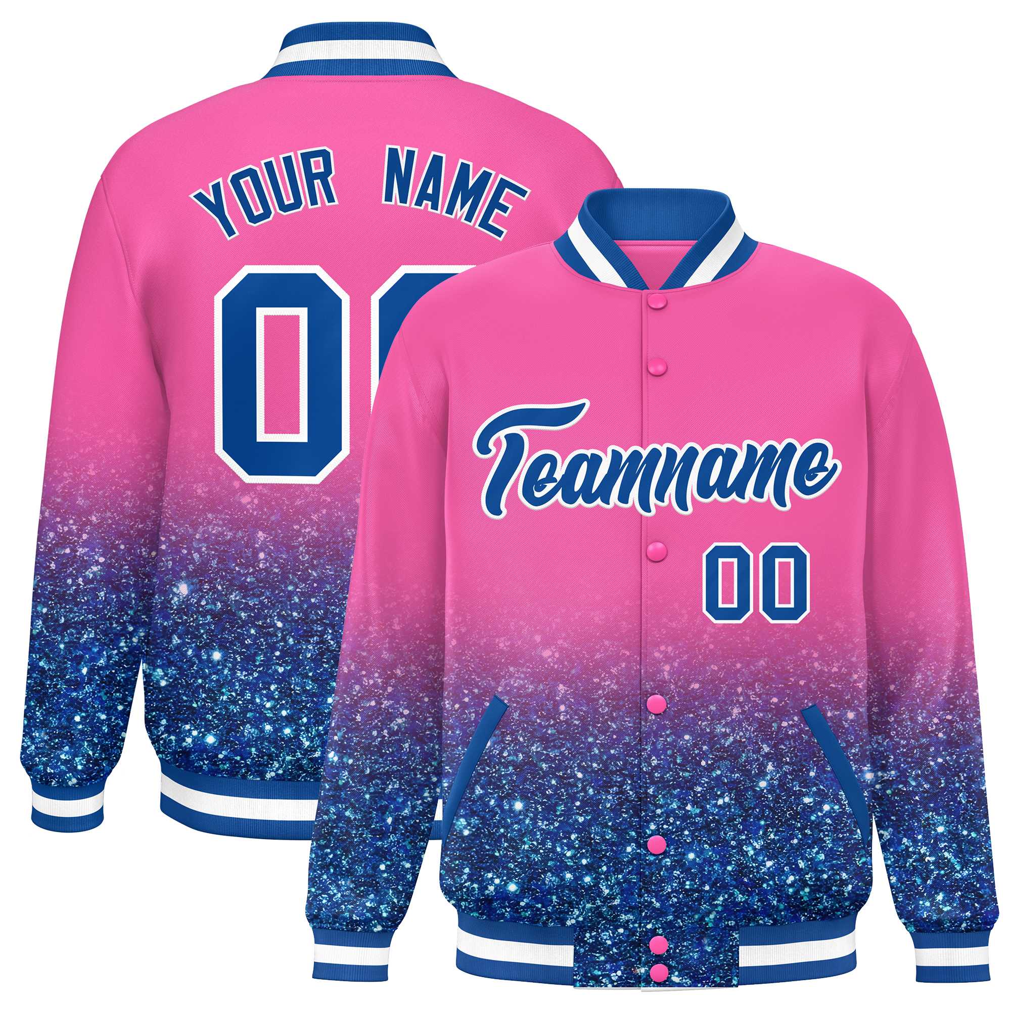 Custom Pink Varsity Full-Snap Sequins Pattern Letterman Baseball Jacket