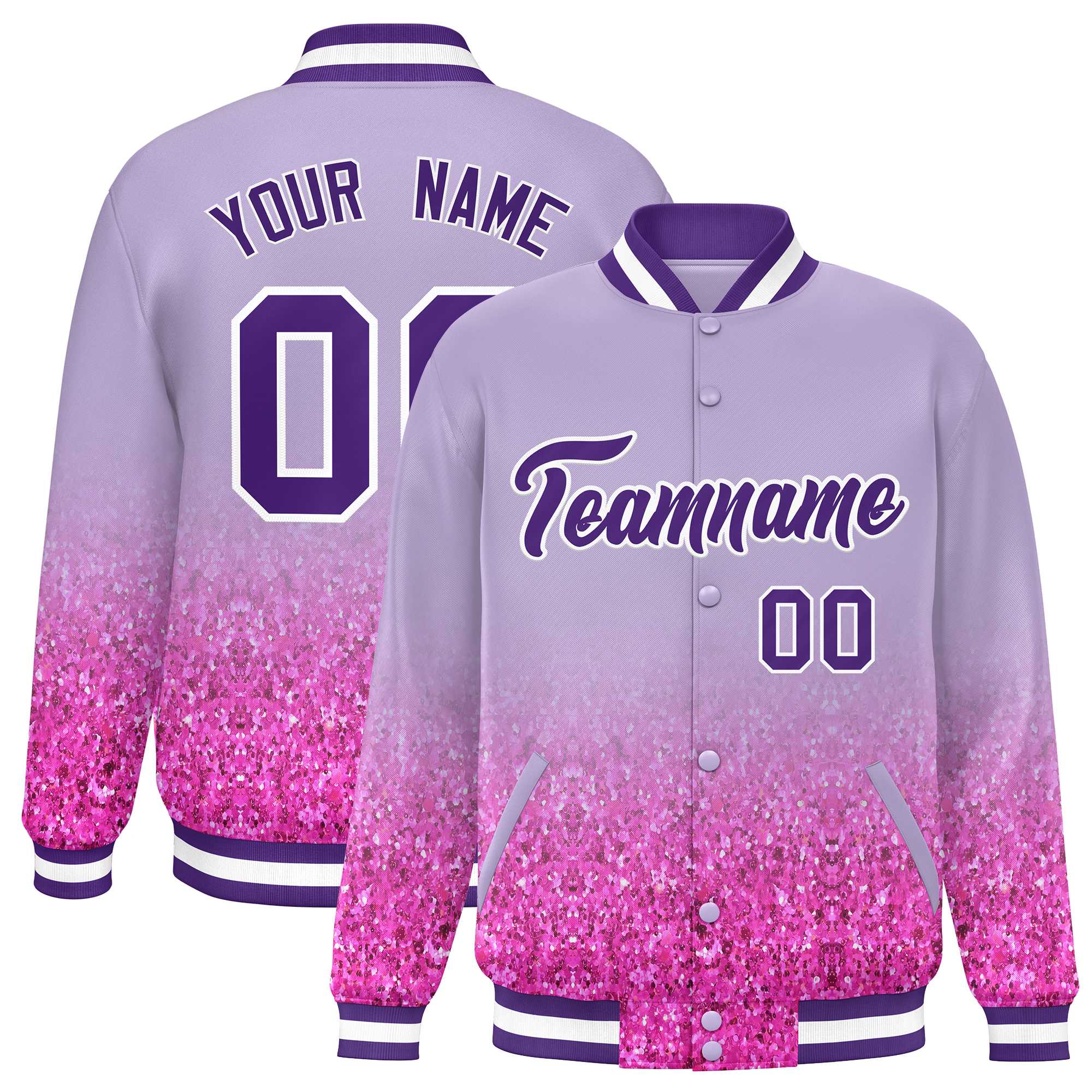 Custom Light Purple Varsity Full-Snap Sequins Pattern Letterman Baseball Jacket