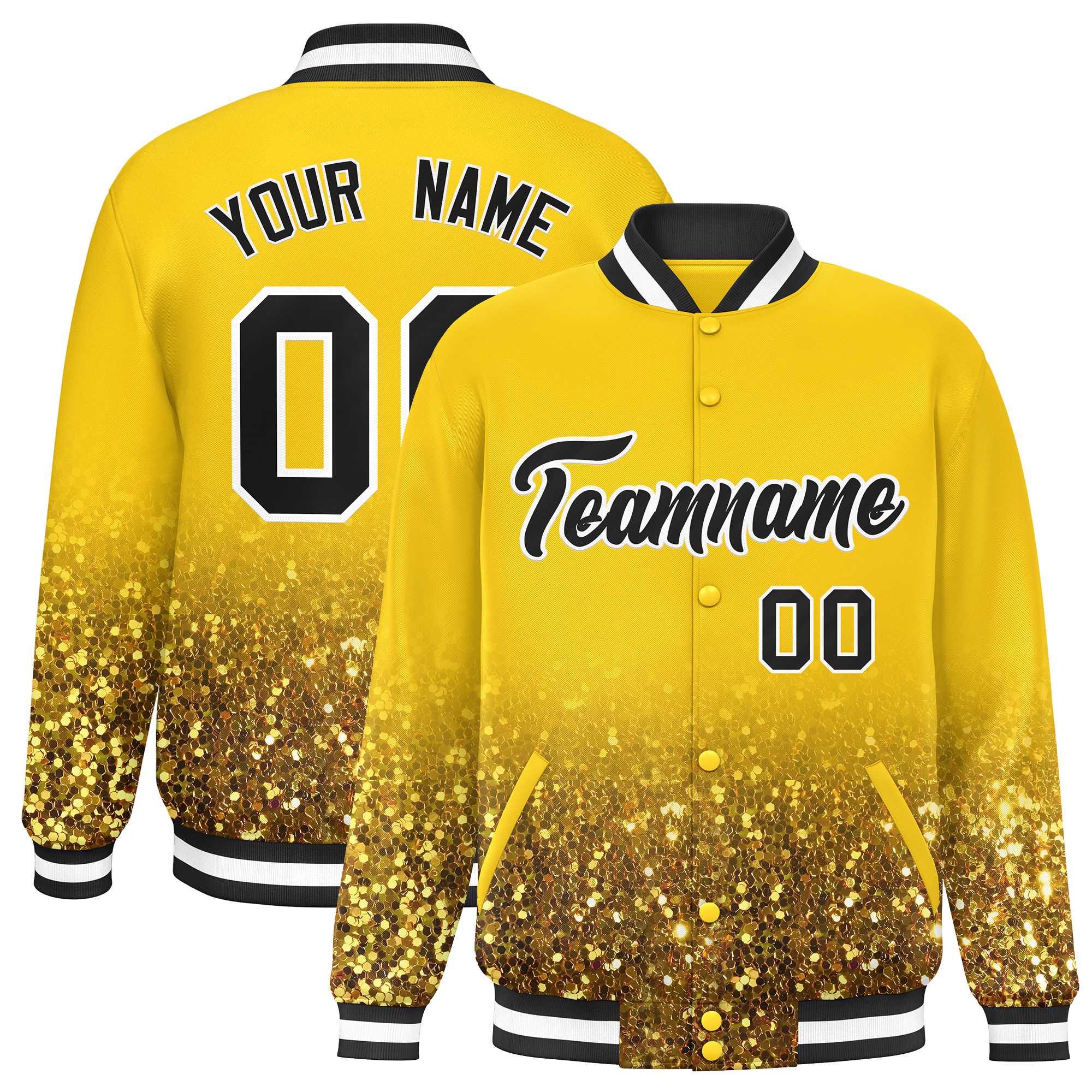 Custom Gold Varsity Full-Snap Sequins Pattern Letterman Baseball Jacket