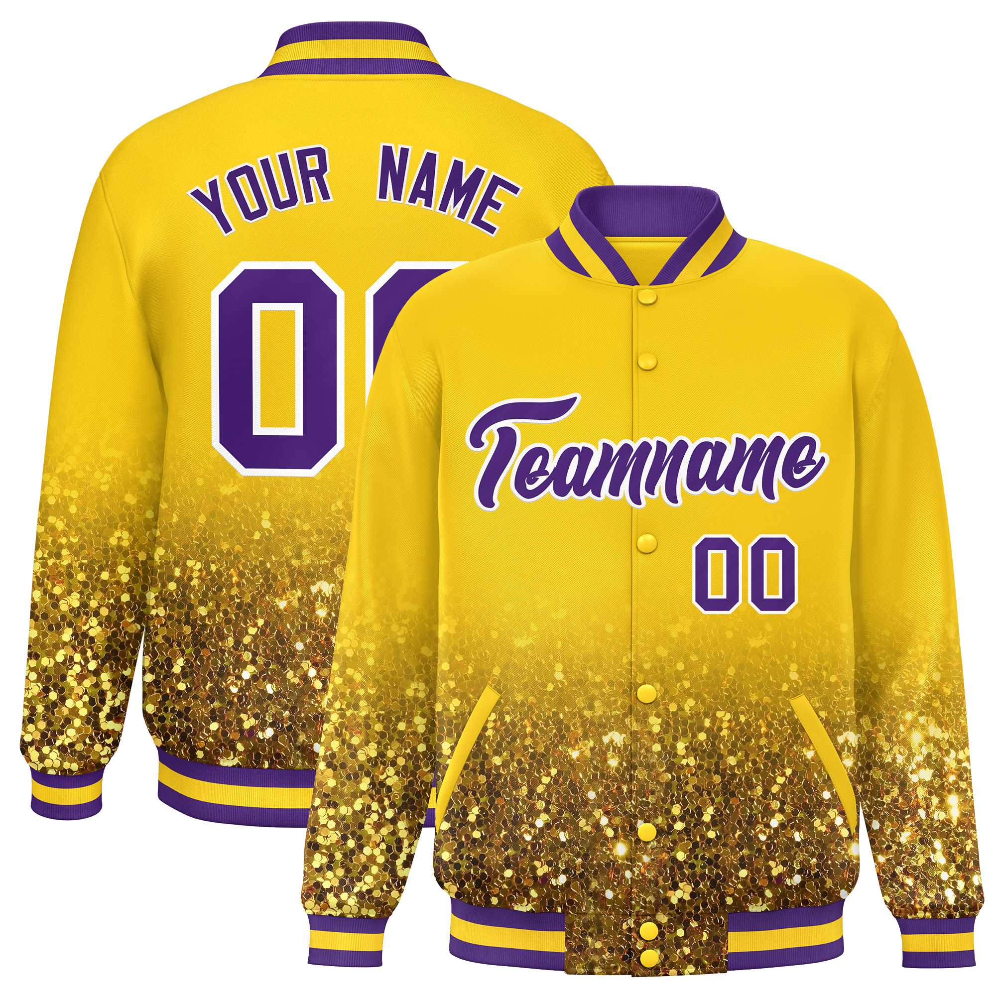 Custom Gold Varsity Full-Snap Sequins Pattern Letterman Baseball Jacket