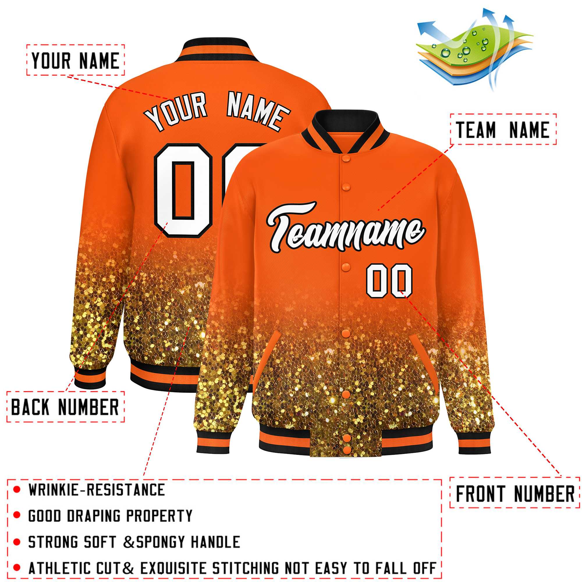 Custom Orange Varsity Full-Snap Sequins Pattern Letterman Baseball Jacket