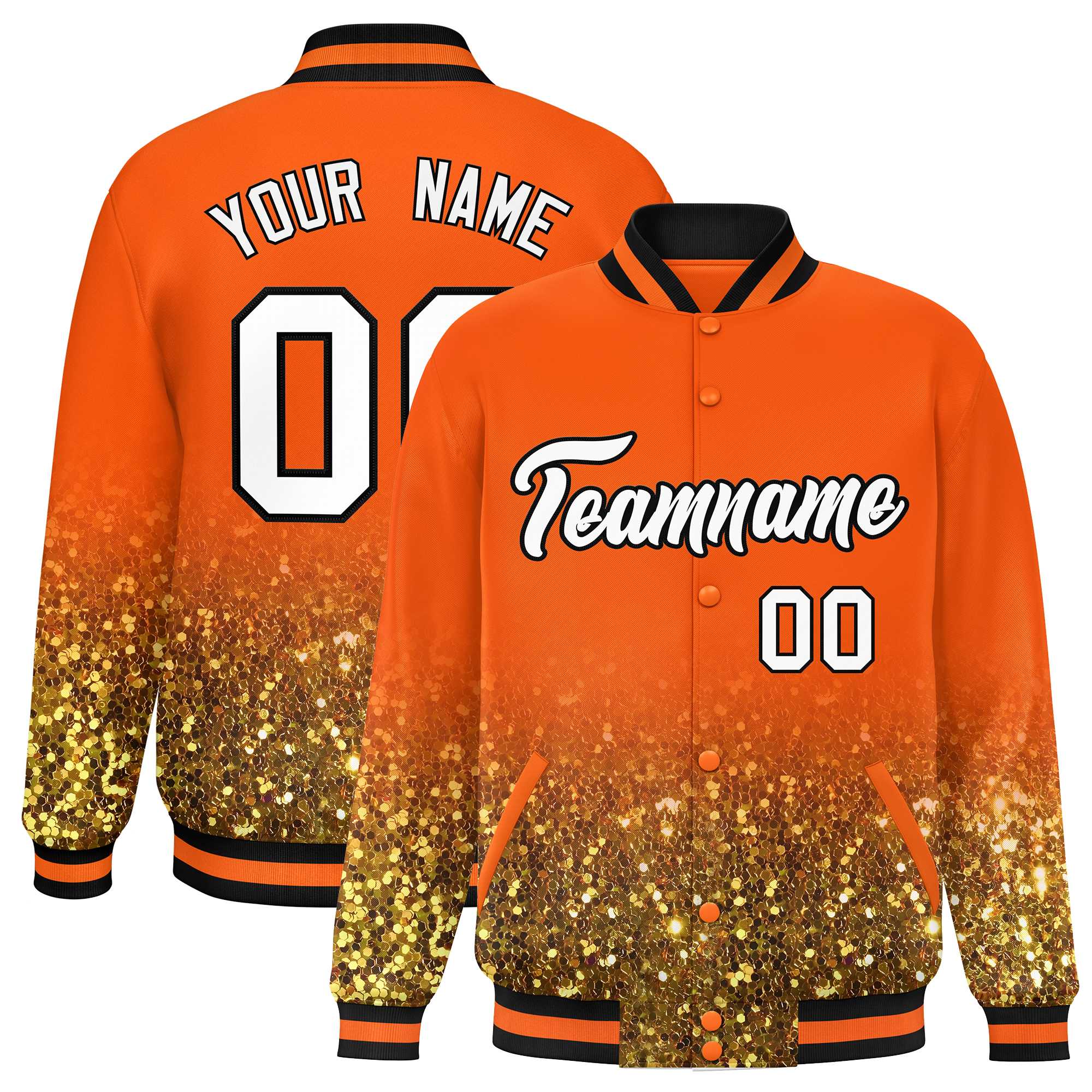 Custom Orange Varsity Full-Snap Sequins Pattern Letterman Baseball Jacket