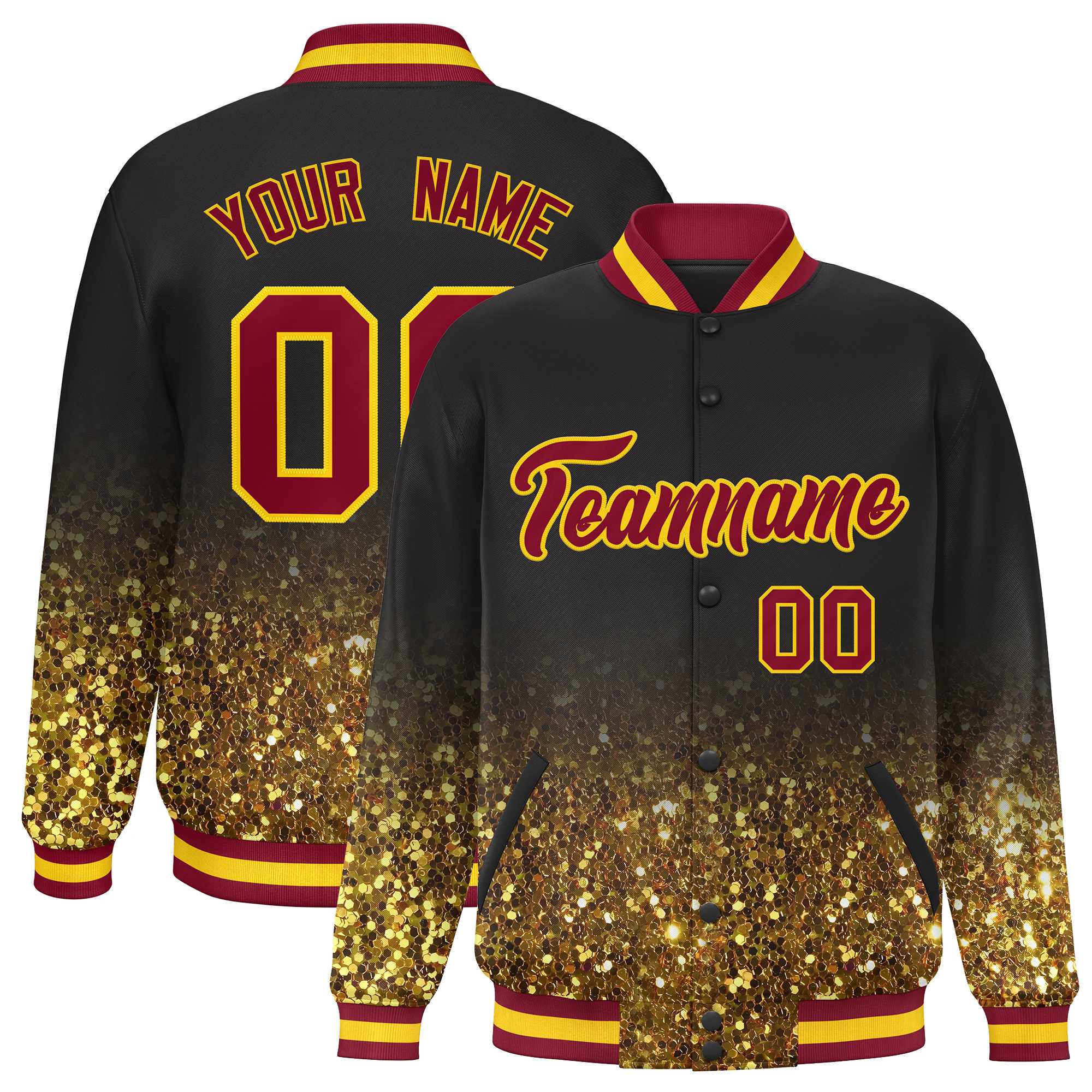 Custom Brown Varsity Full-Snap Sequins Pattern Letterman Baseball Jacket