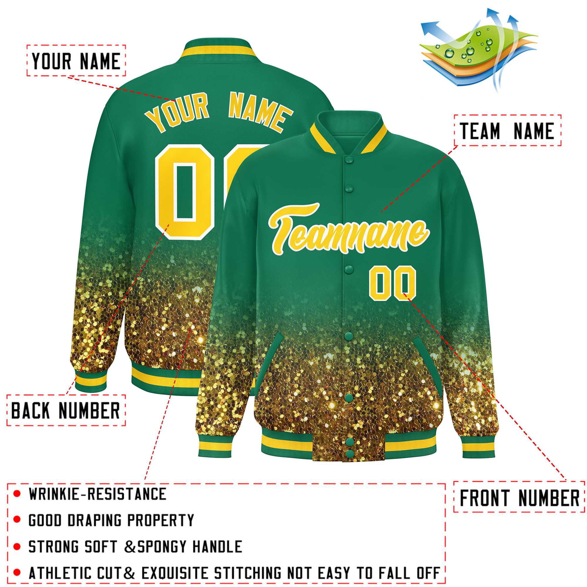 Custom Teal Varsity Full-Snap Sequins Pattern Letterman Baseball Jacket