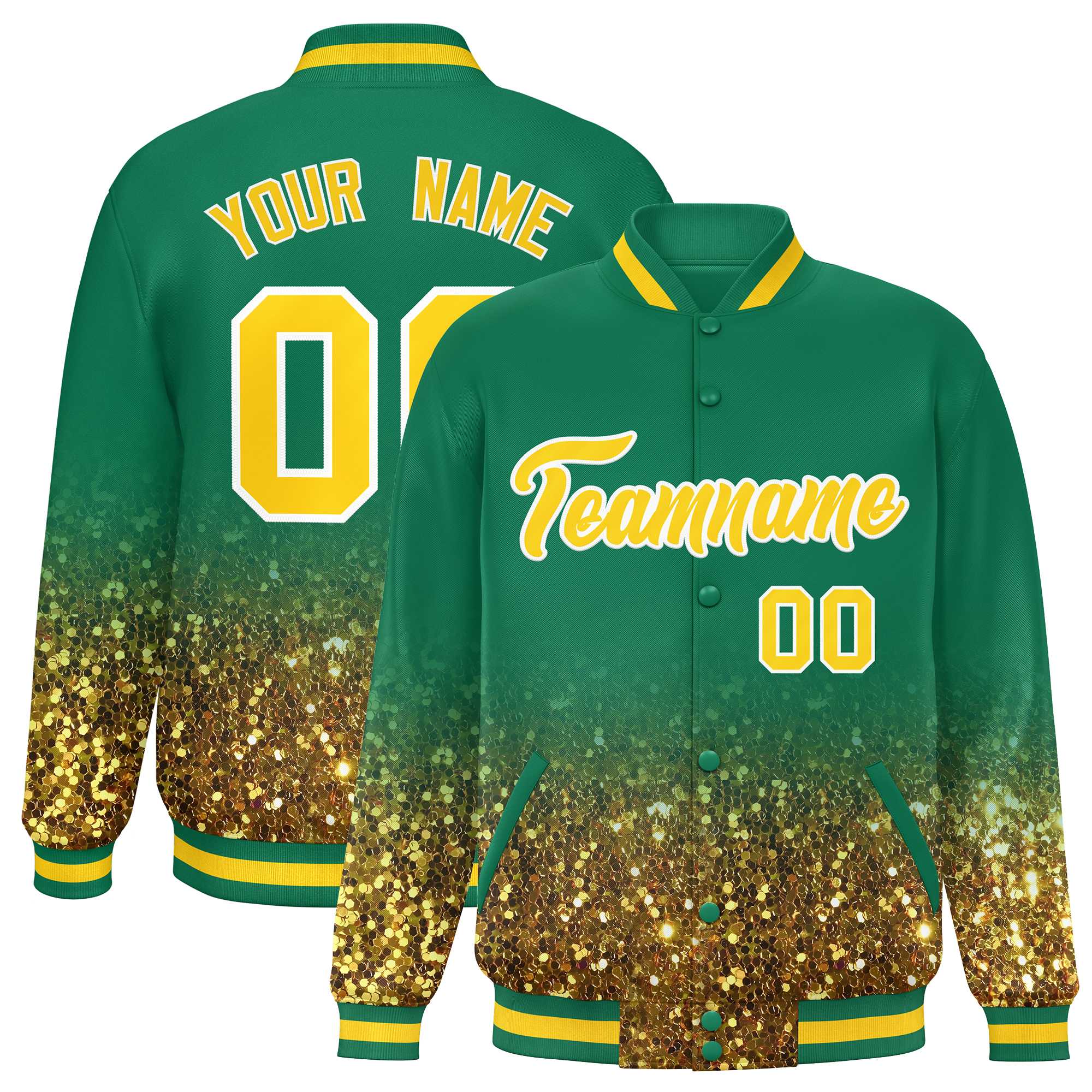 Custom Teal Varsity Full-Snap Sequins Pattern Letterman Baseball Jacket